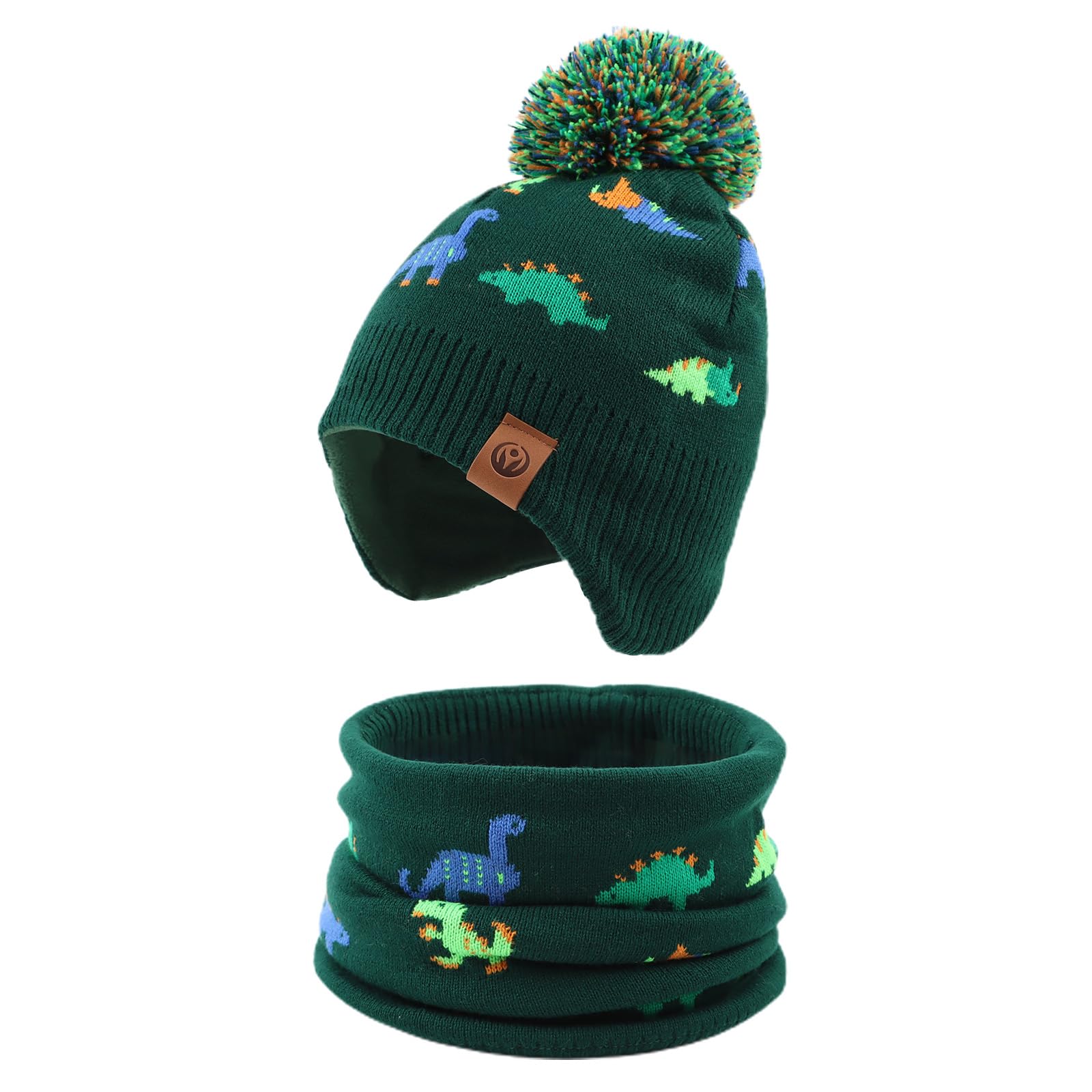 Zsedrut Baby Winter Hat & Scarf Set Kids Dinosaur Fleece Lining Warm Earflap Beanie with Pompom