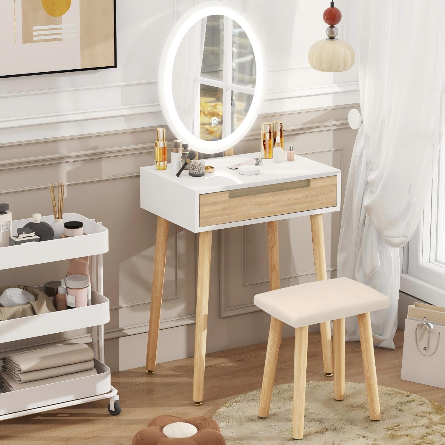 YU YUSING Petite Coiffeuse LED 60 cm Largeur avec Miroir Ovale et Tabouret, 3 Couleurs, Lumière Dimmable, Table de Maquillage avec Rangement, Tiroir Coulissant, en Bois, Gain de Place, Couleur Bois