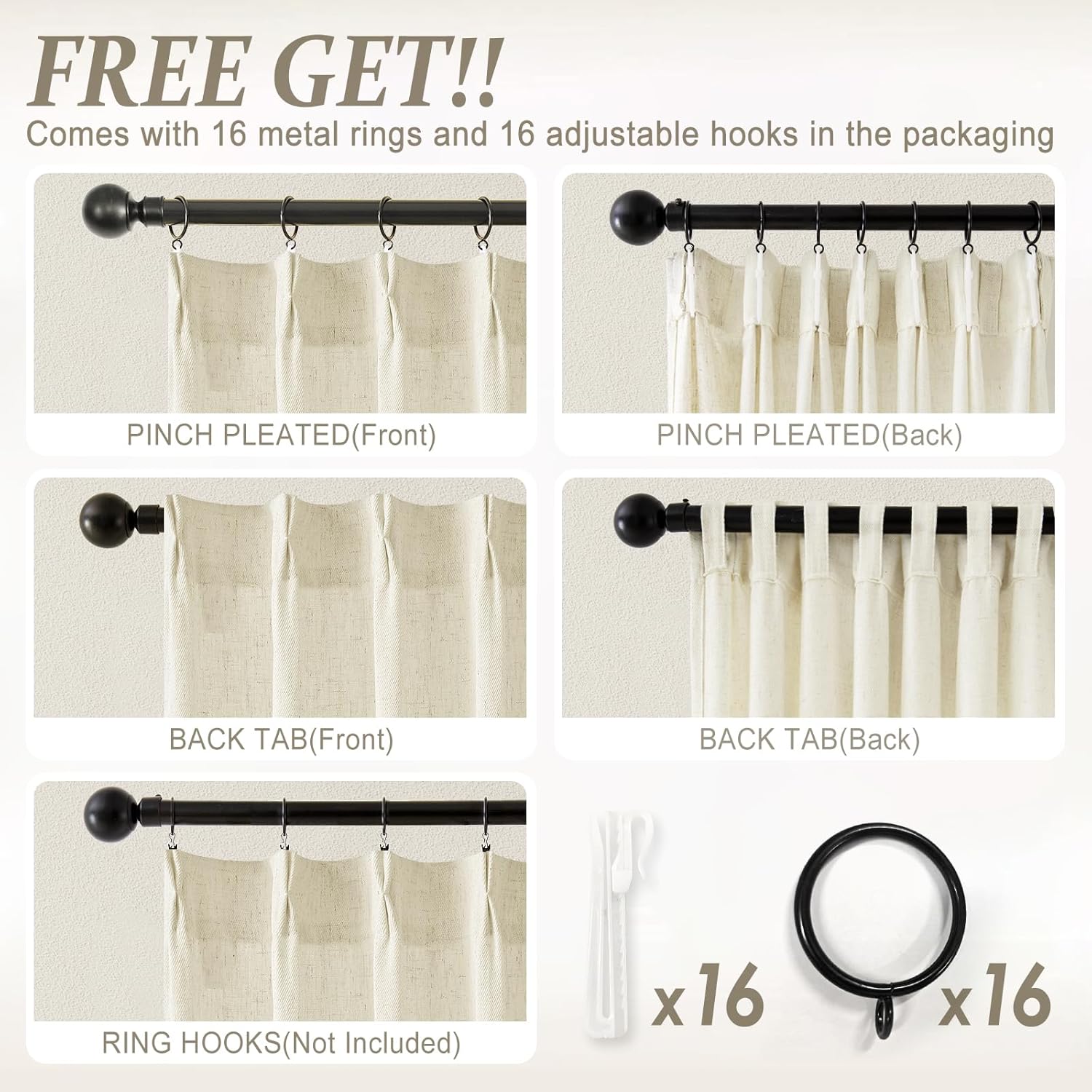 Heavy Duty Pinch Pleated Linen Curtains 96 Inches Long Semi Sheer for Living Room Light Filtering Back Tab Neutral Farmhouse 2 Panel Set 96 Inch Drapes for Bedroom Window