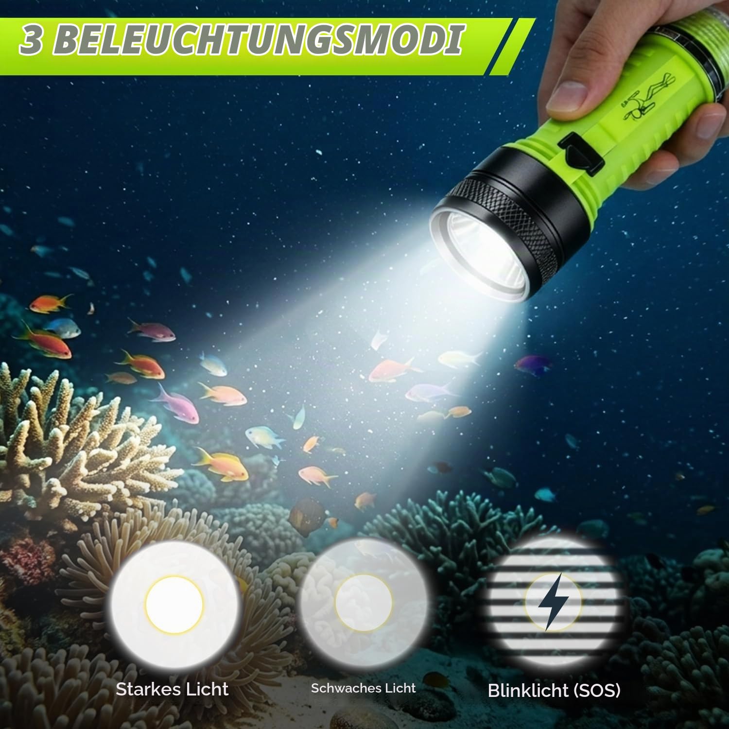 Tauchlampe 2 Stück, IPX8 Wasserdicht Wiederaufladbar Unterwasser Taucherlampe mit 3 Modi, 1500 Lumen Tauchen Taschenlampe Taucherleuchte LED zum Tauchen, Schnorcheln, Angeln