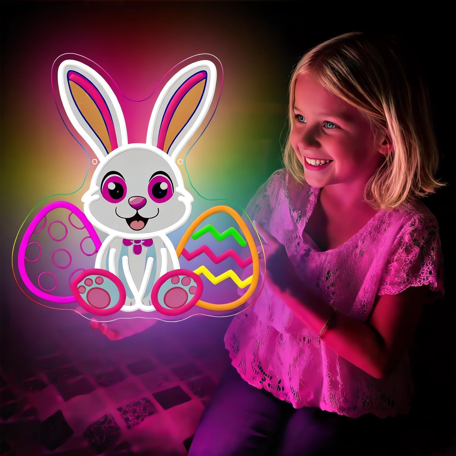 Easter Neon Sign, LED Light Up Bunny Eggs Decorations for Bedroom, Nursery Room, Classroom, Home, Acrylic Wall Mounted Lighted Cartoon Rabbit Decor, Easter Gifts for Boys and Girls, USB Powered