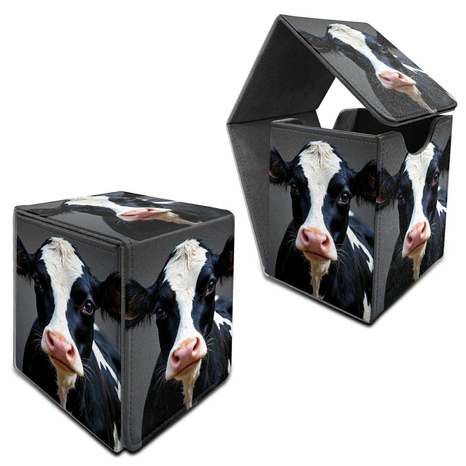 RWUTYTIUL for MTG Commander Deck Box, Storage Box Fits 100+ Sleeved Cards, Leather Strong Magnet Card Deck Case Holder for Board Game Magic MTG TCG CCG Sports Baseball, Black White Cow