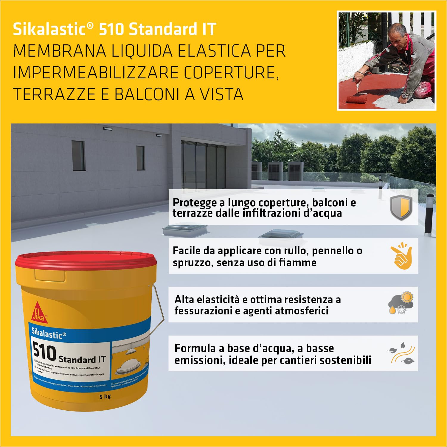 SIKA - Membrana liquida elastica - Sikalastic 510 Standard, Grigio - Impermeabilizza terrazzi e coperture in modo semplice - Resiste al calpestio e blocca le perdite - 5kg