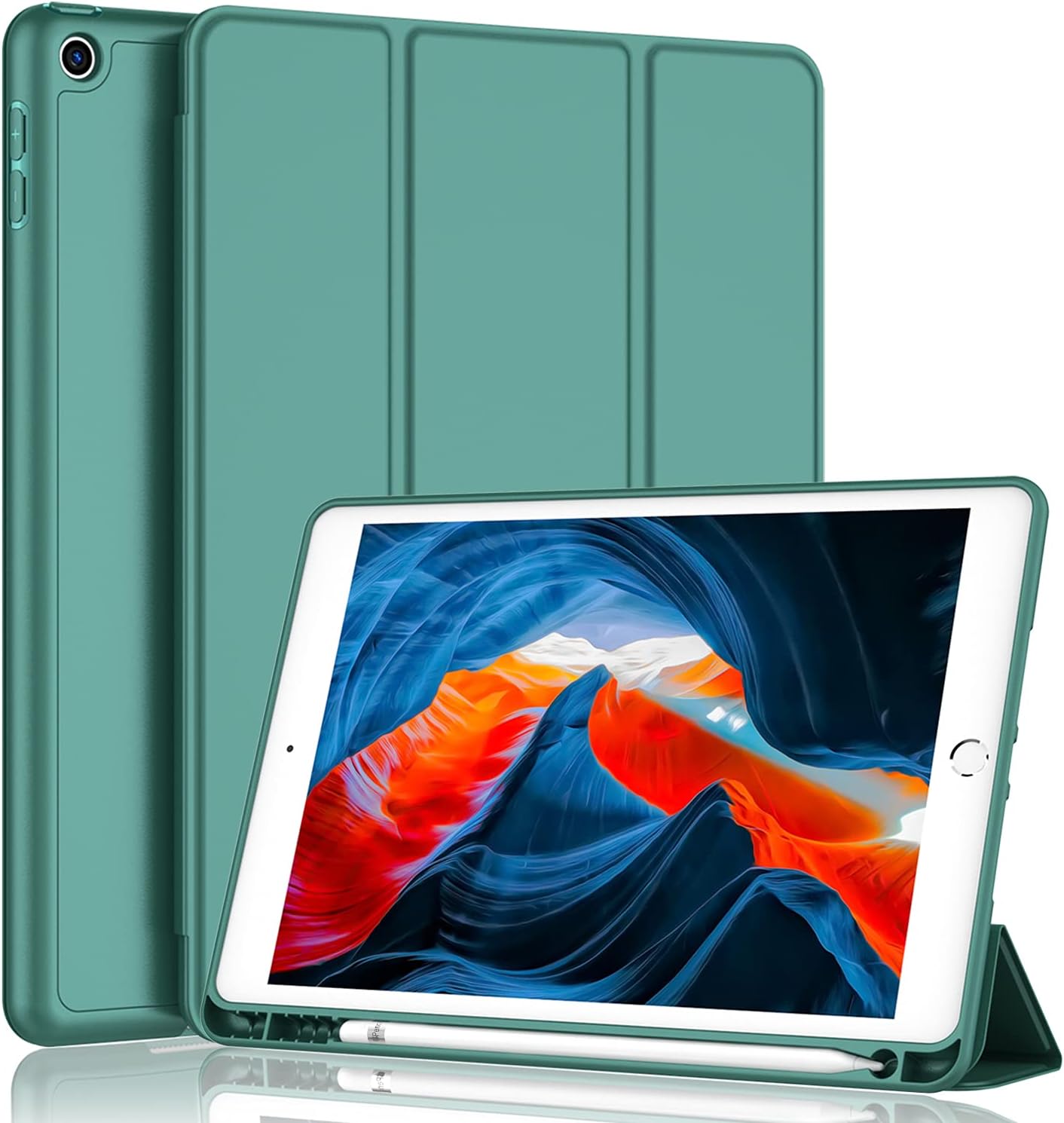iMieet iPad 9th Generation Case 2021/iPad 8th Generation Case 2020 10.2 Inch with Pencil Holder, iPad 7th Gen 2019 Case with Soft Baby Skin Silicone Back, Auto Wake/Sleep Cover (Midnight Green)