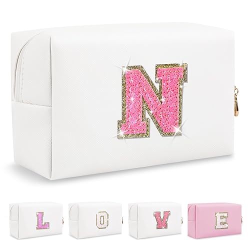Miniatura 418 de Bolsa de maquillaje personalizada con inicial A-Z Preppy Patch, pequeña bolsa de cosméticos de PU con letra de chenilla y cierre para niñas Negro