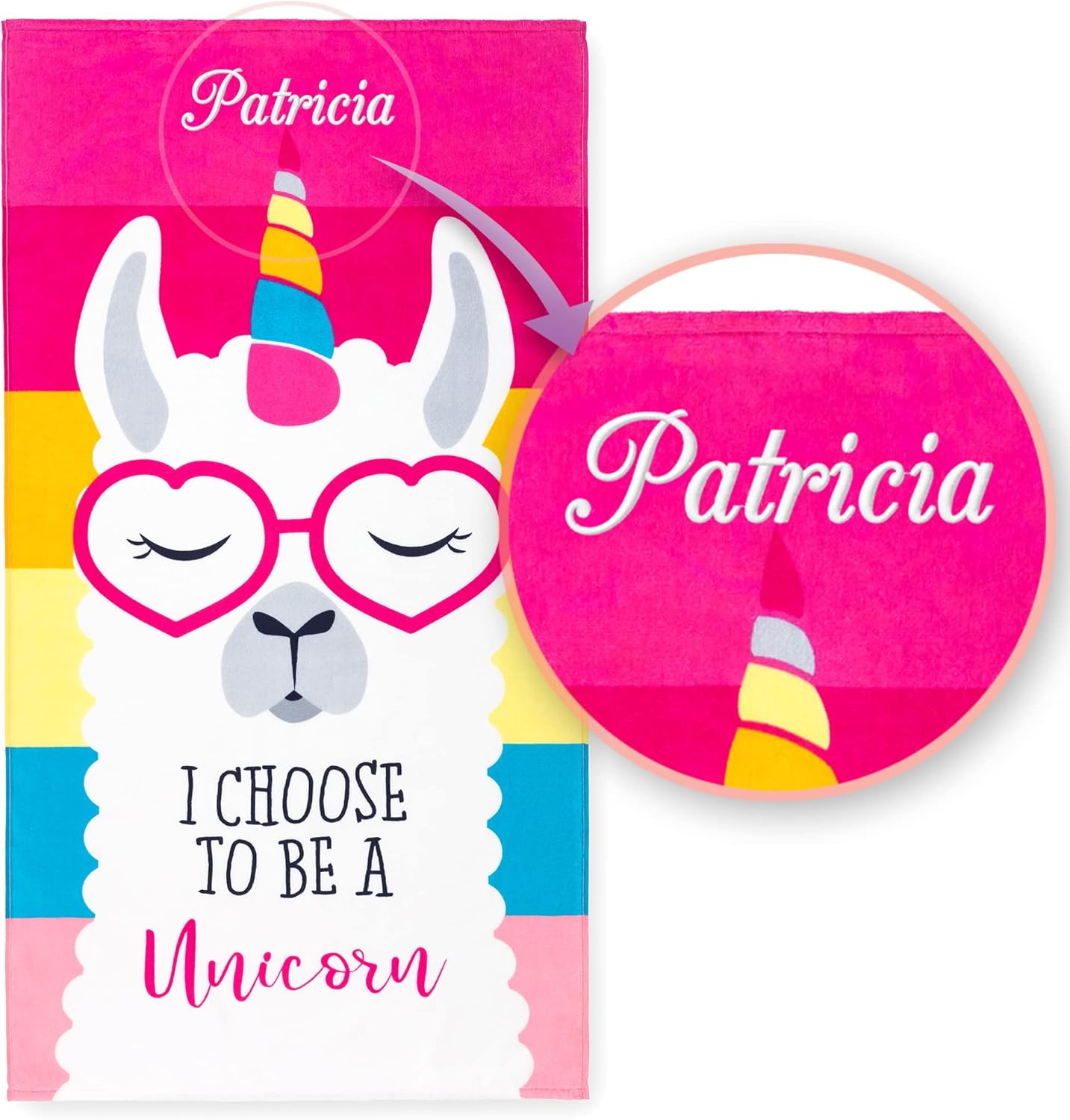 Softerry - Custom Llama Unicorn Beach Towel Pink Rainbow 28 x 51 inches (70 x 130cm) 100% Cotton Soft and Colorful Velour (Personalized Llama)