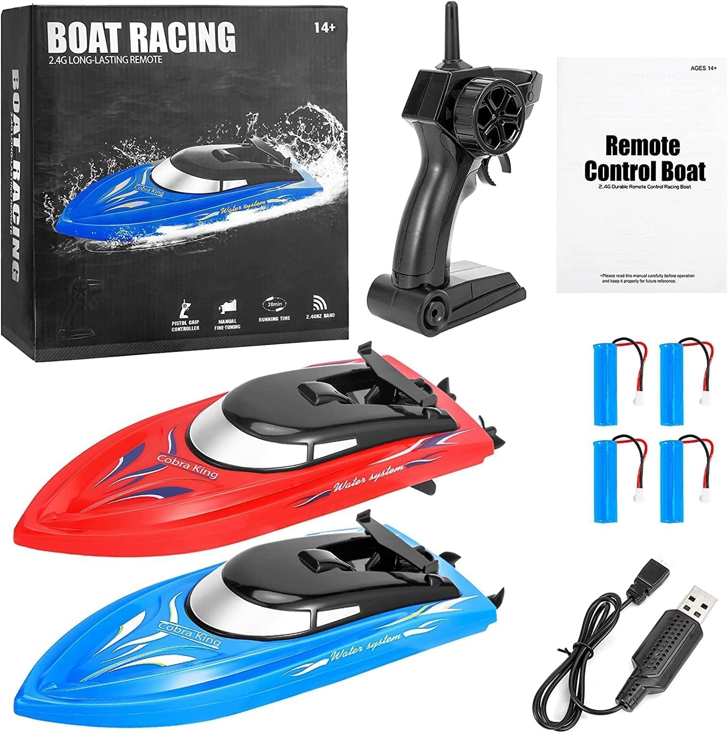 Aptliton 2-Pack Fast Self-Righting RC Boat, 20Mins Runtime 40-50m Range Claw-Streak Paint for Pool Lake Summer Toy Blue And Red