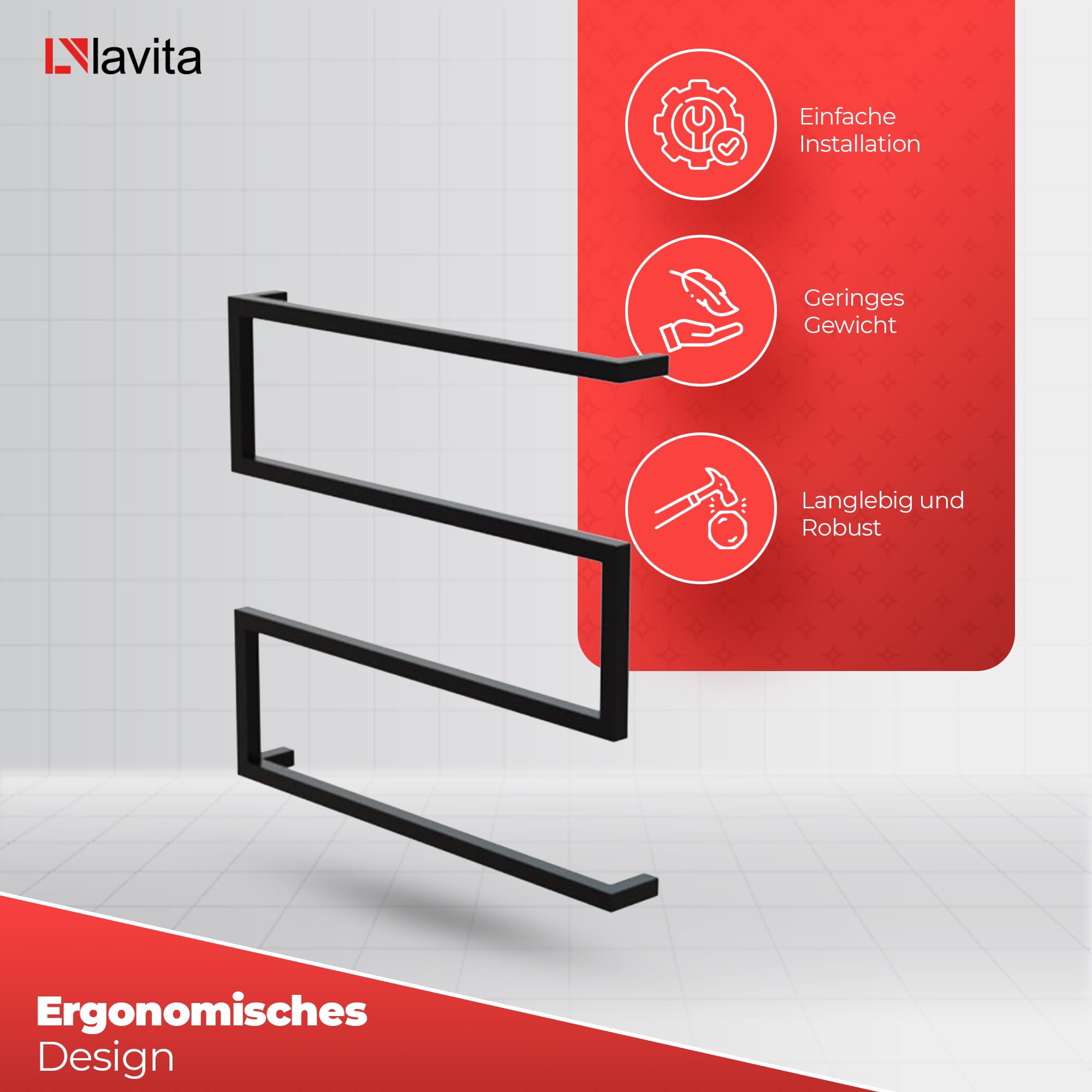 LAVITA TRYNIDAD 600 Toallero | Negro Mate | Diseño sencillo | Acero al carbono con recubrimiento en polvo | Ahorra espacio | Ideal para la decoración de baño pequeño | Muebles de baño | 600 x 70 x 560