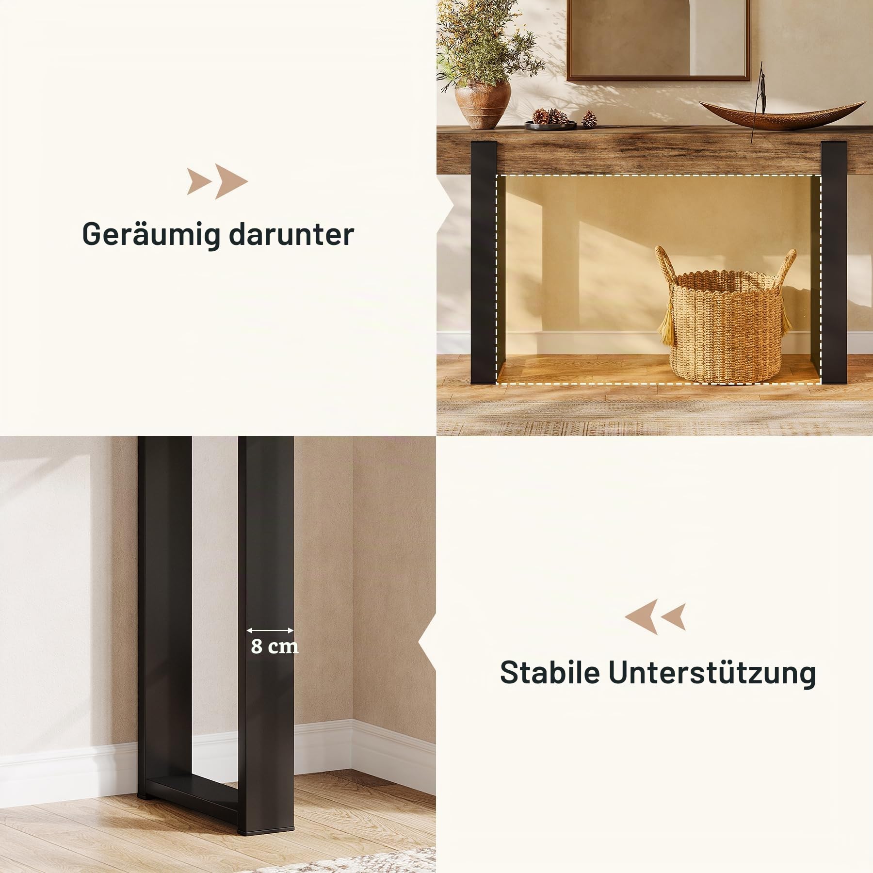 Tribesigns Konsolentisch Massivholz, 160 cm, mit Metallgestell, ideal für die Couch, Eingangsbereich, Flur im Landhausstil, rustikales Braun & Schwarz