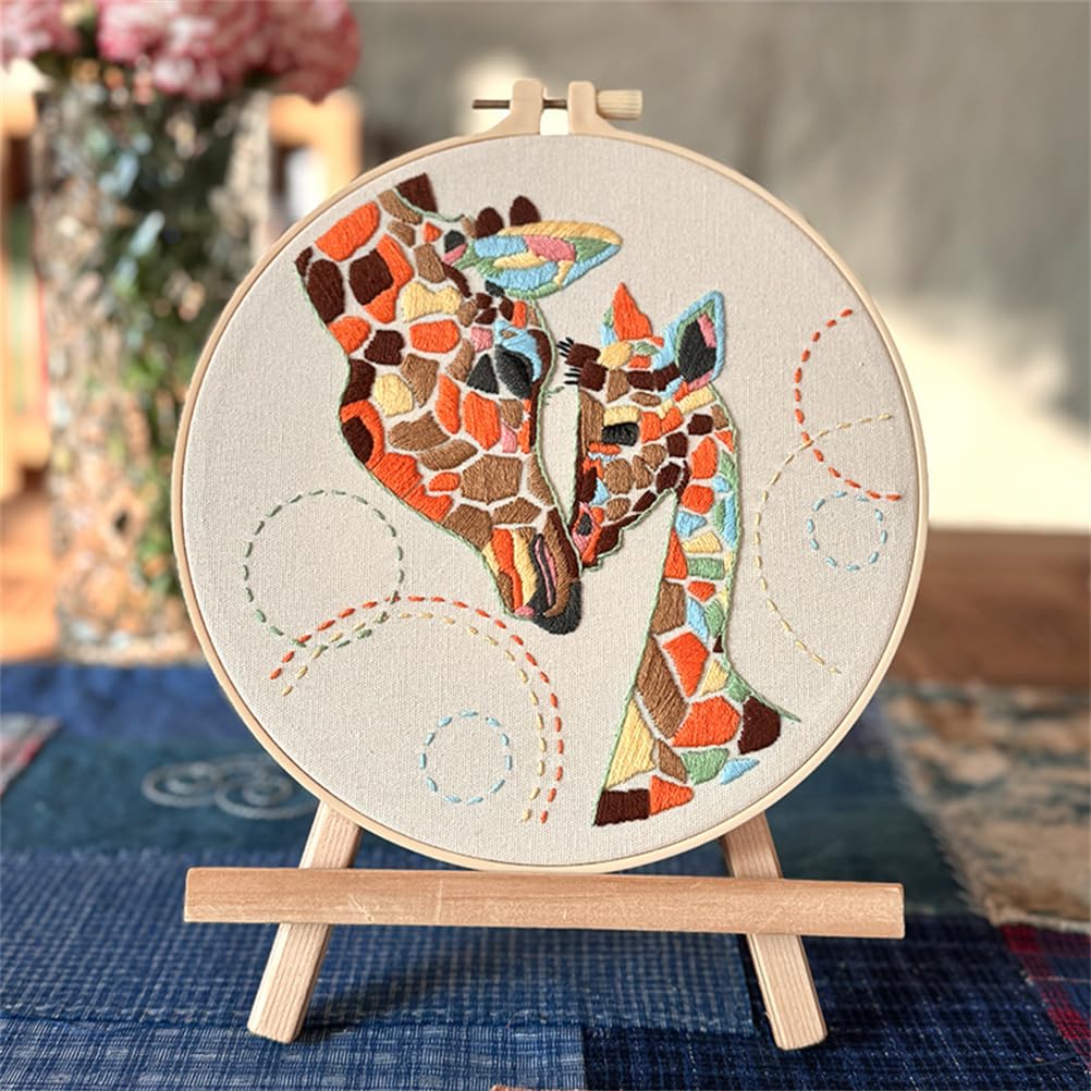 Meecaa Couple Giraffe Animals Embroidery Kit Starter Set, Hand Embroidery Set,Pattern Printed Cross Stitch Set for Beginner Adults, with Embroidery Hoop and Instructions (Couple)