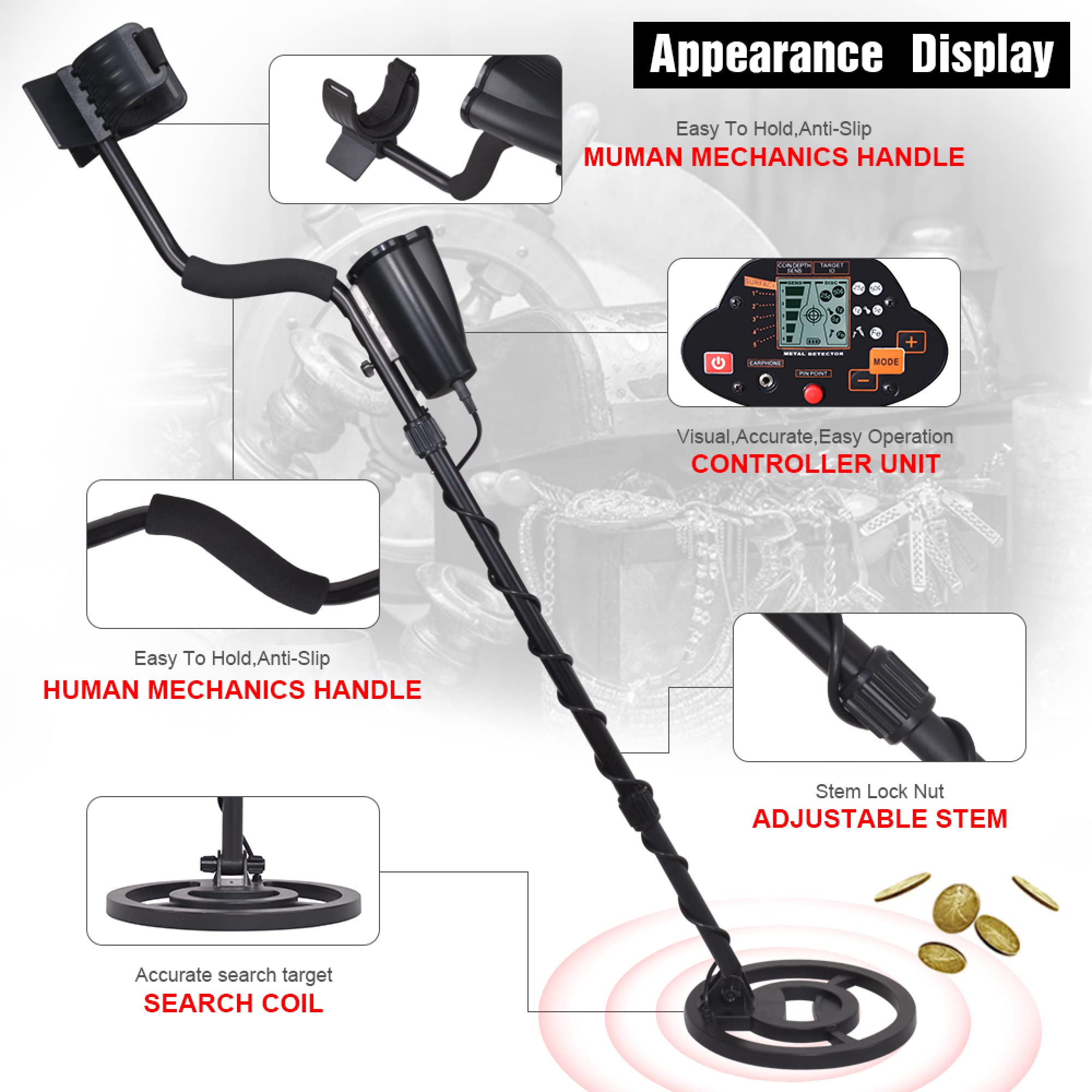 Detector de Metales for Adultos y niños, Detector de Oro con función Profesional, Pantalla LCD y Bobina de búsqueda IP68.