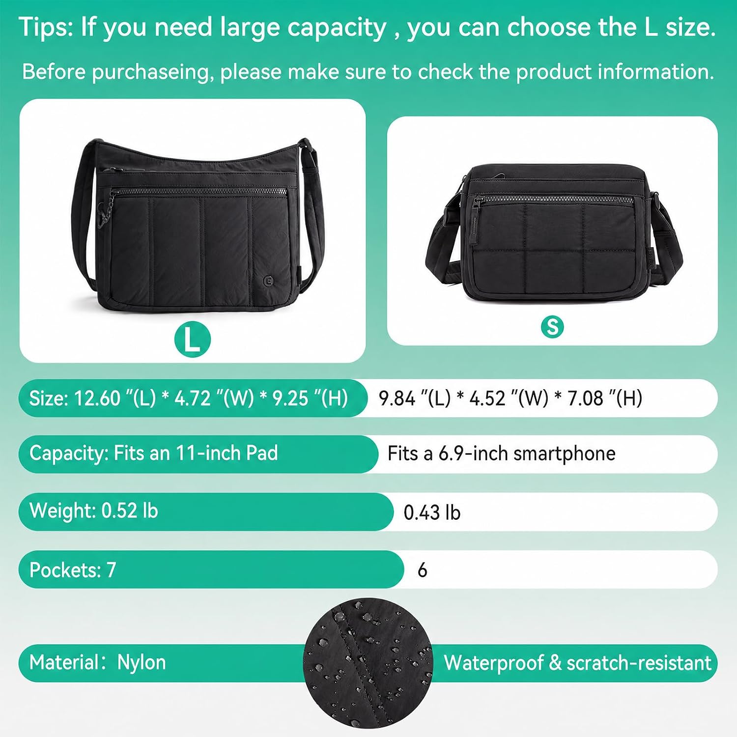 Nylon Crossbody Bag for Women, Lightweight Shoulder Travel Purse