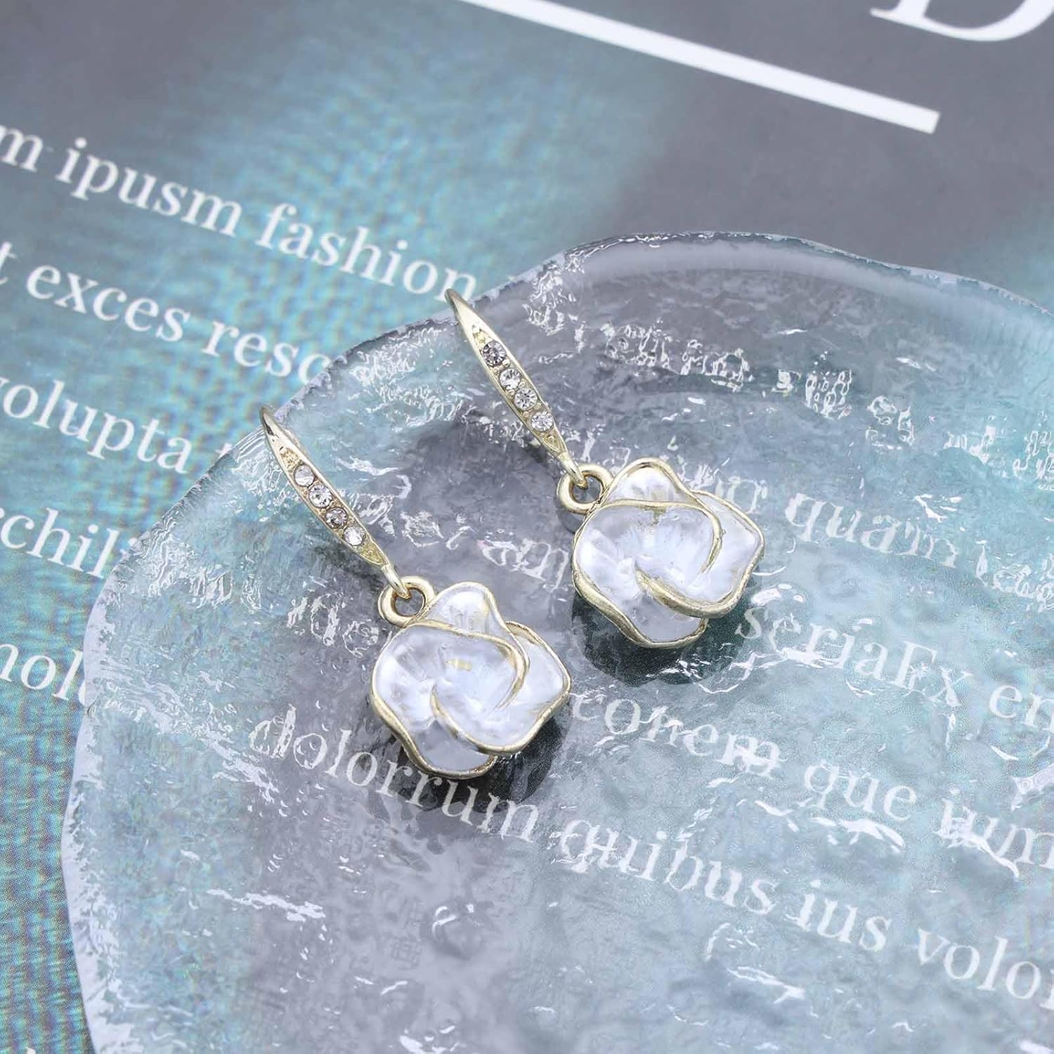 Vintage Crystal Flower Drop Earrings Rhinestone Flower Hook Dangle Earrings Gold Cz Flower Stud Earrings White Camellia Dangle Earrings for Women - Image 3