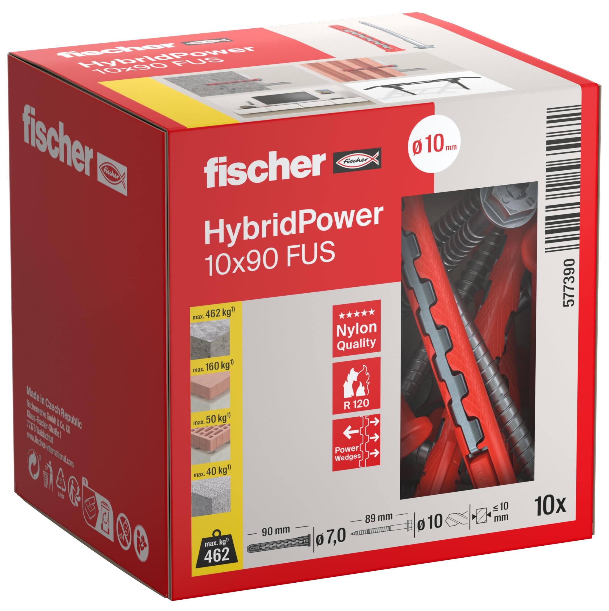 fischer 577390 HybridPower 10 x 90 feet, dowels for Highest Load Capacity and Safety, Easy Installation Without Setting Tools, Universal for Perforated and Solid Building Materials, Masonry, Concrete