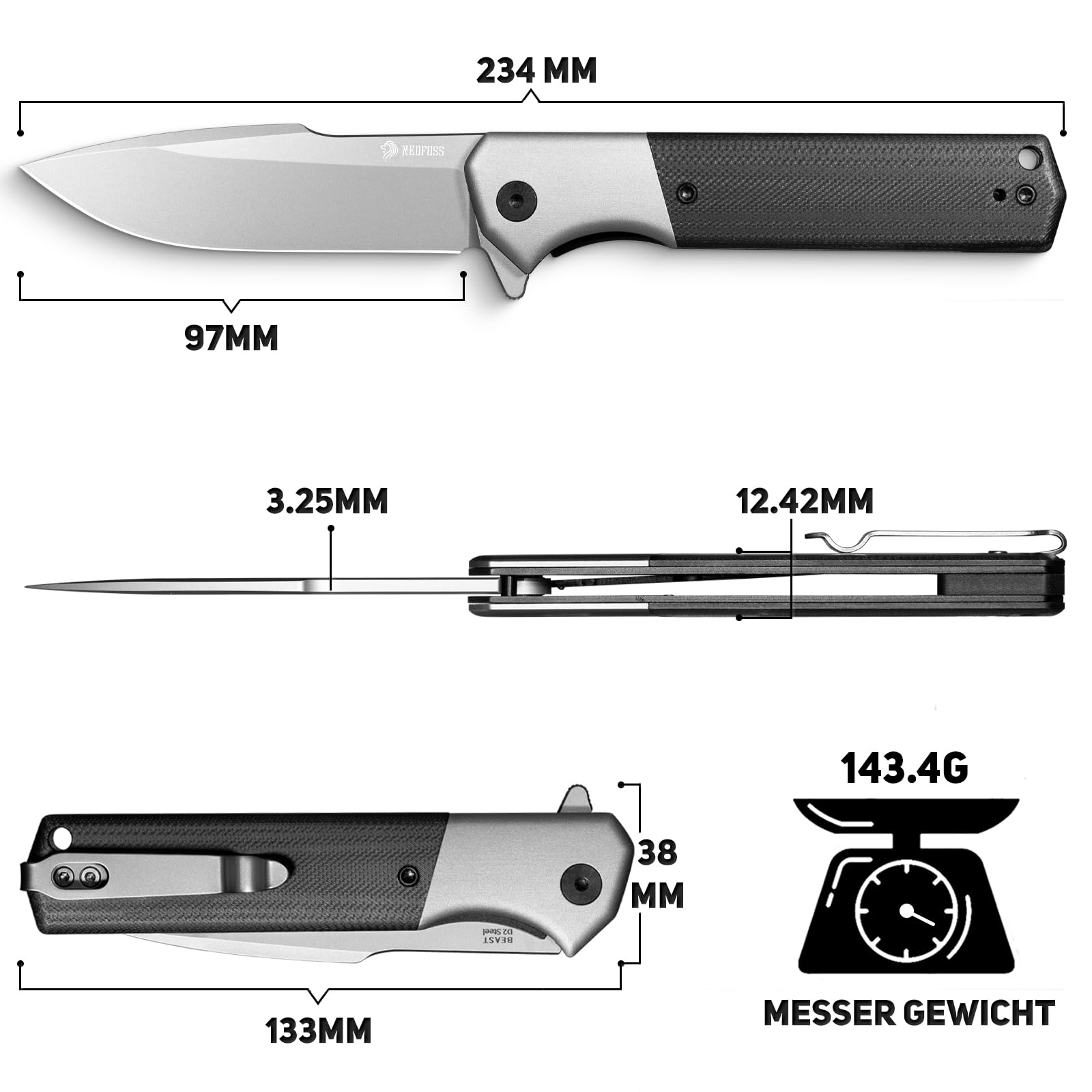 NedFoss BEAST Klappmesser, Klingenlänge 10cm aus D2 Stahl Taschenmesser mit G10 Griff, Einhandmesser mit Liner Lock & Kugellager, Outdoor Messer mit Clip, Survival Messer für Sammlung & Geschenk