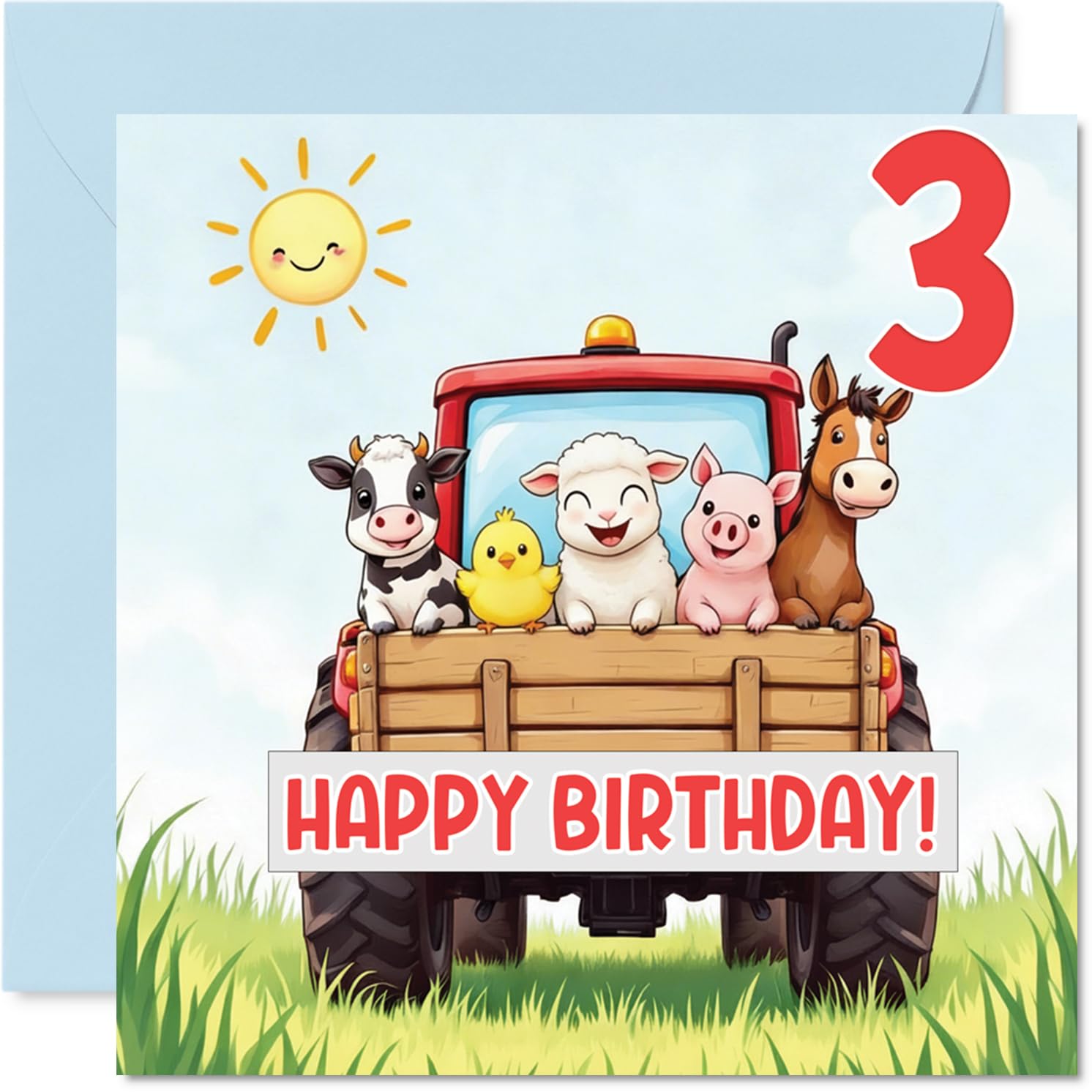 Playful 3rd Birthday Card - Bursting with Birthday Cheer - Cartoon Farm Animals Partying on a Bright Red Tractor - 145mm Square, Envelope Included