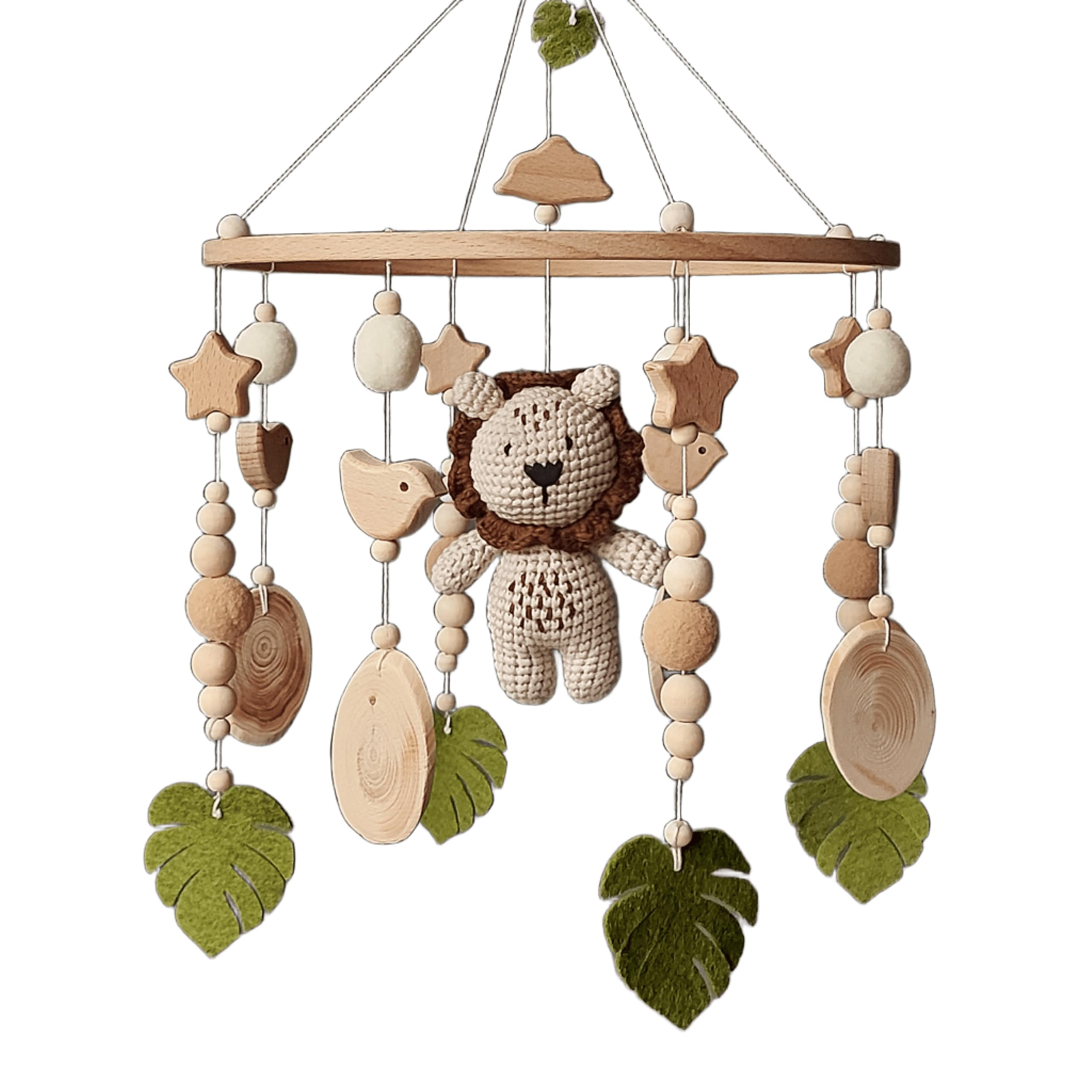 Häkel Baby Mobile mit Löwe – Safari Dschungel Mobile fürs Babybett - Handgemachtes Krippen-Mobile mit Rassel - Neutrale Babyzimmer - Deko Geschenk zur Geburt