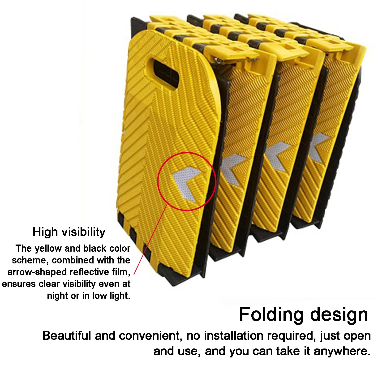 Badenes para Garaje Plegable, Reductor de Velocidad Portátil, 300x25x2,5cm, PU Resistente, Amarillo-negro Reflectante Antideslizante, para Aparcamiento en Garaje