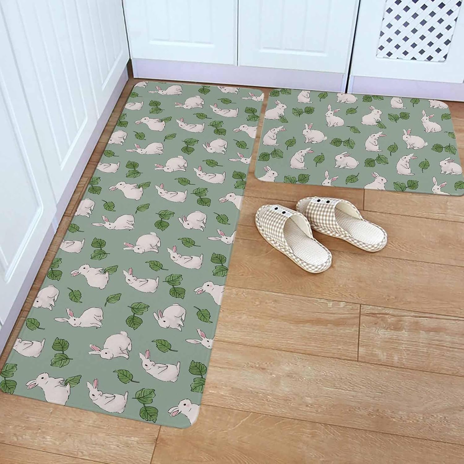 Cute Rabbits Kitchen Rugs and Mats Set of 2, Non-Slip Kitchen Sink Mat, Green Farmhouse Leaves Plants Cartoon Bunny Washable Doormat Bathroom Rugs Runner for Bedroom 23.6"x35.4"+23.6"x70.9"