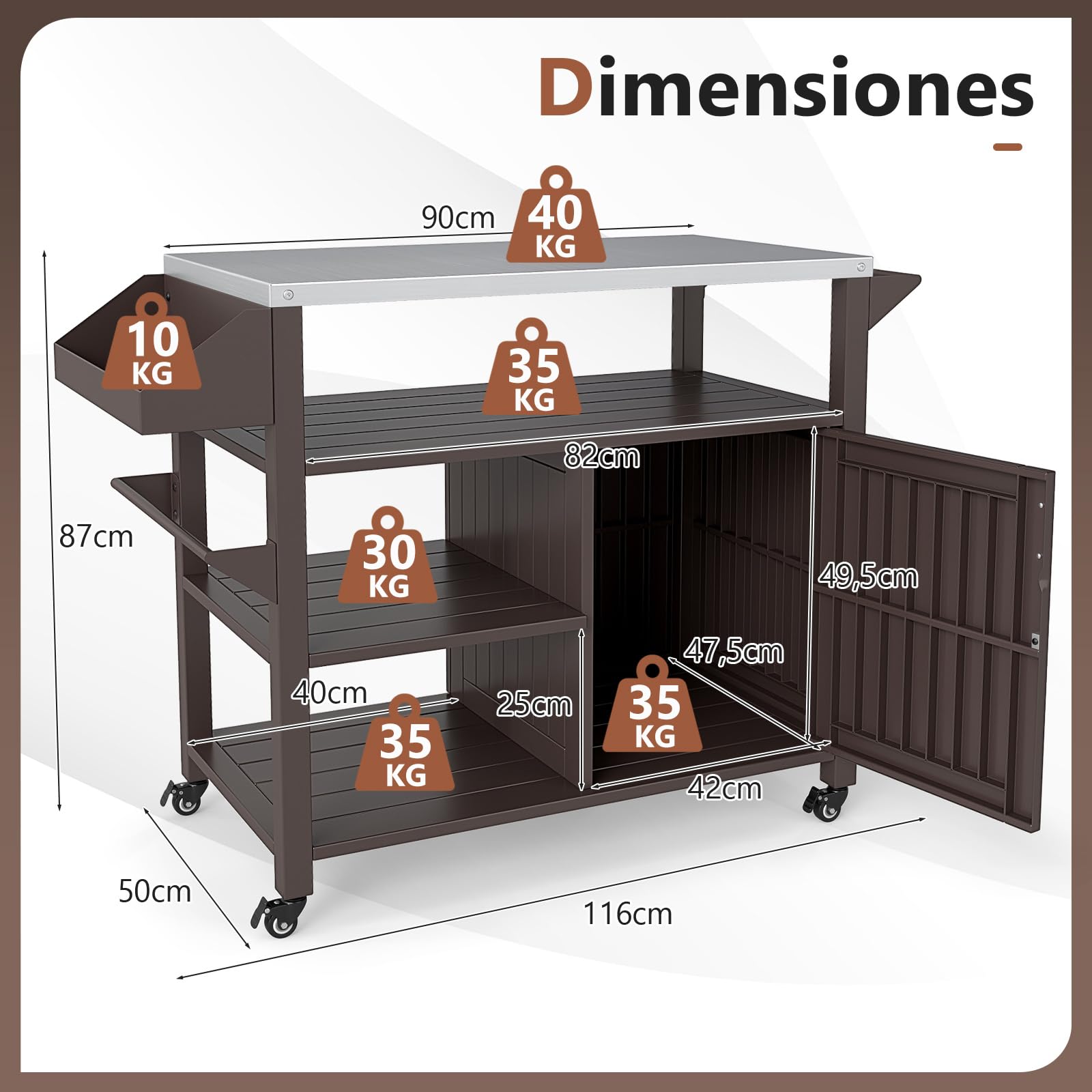 COSTWAY Carrito de Barbacoa con Estante Abierto y Armario, Cocina Exterior con 4 Ruedas 360°con Freno, Encimera de Acero Inoxidable, Mueble para BBQ para Picnic, Fiesta, 116 x 50 x 87 cm