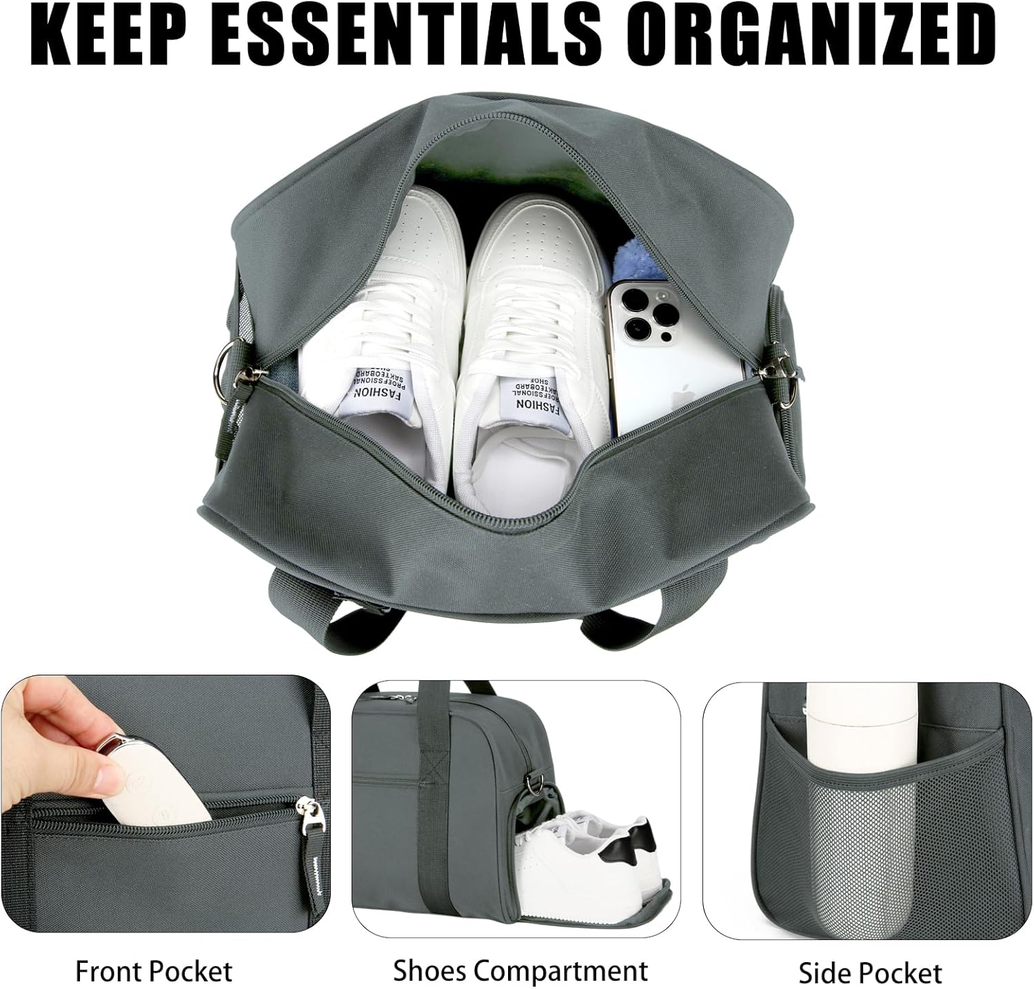 SeaRock 14 inch Small Gym Bag for Men & Women, Mini Duffle Bag with Shoe Compartment, Carry On Duffel Bag for Travel Sports, Dark Grey - Image 4