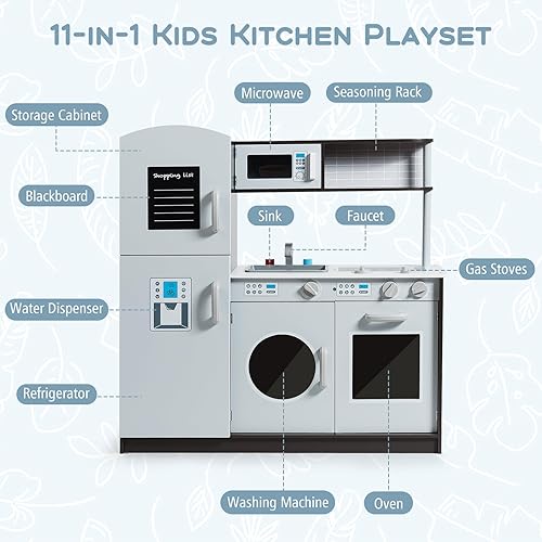 Miniatura 3 de Juego de cocina, juego de cocina de madera para niños con microondas, refrigerador, lavadora, fregadero, accesorios de cocina, hornos, juguetes de