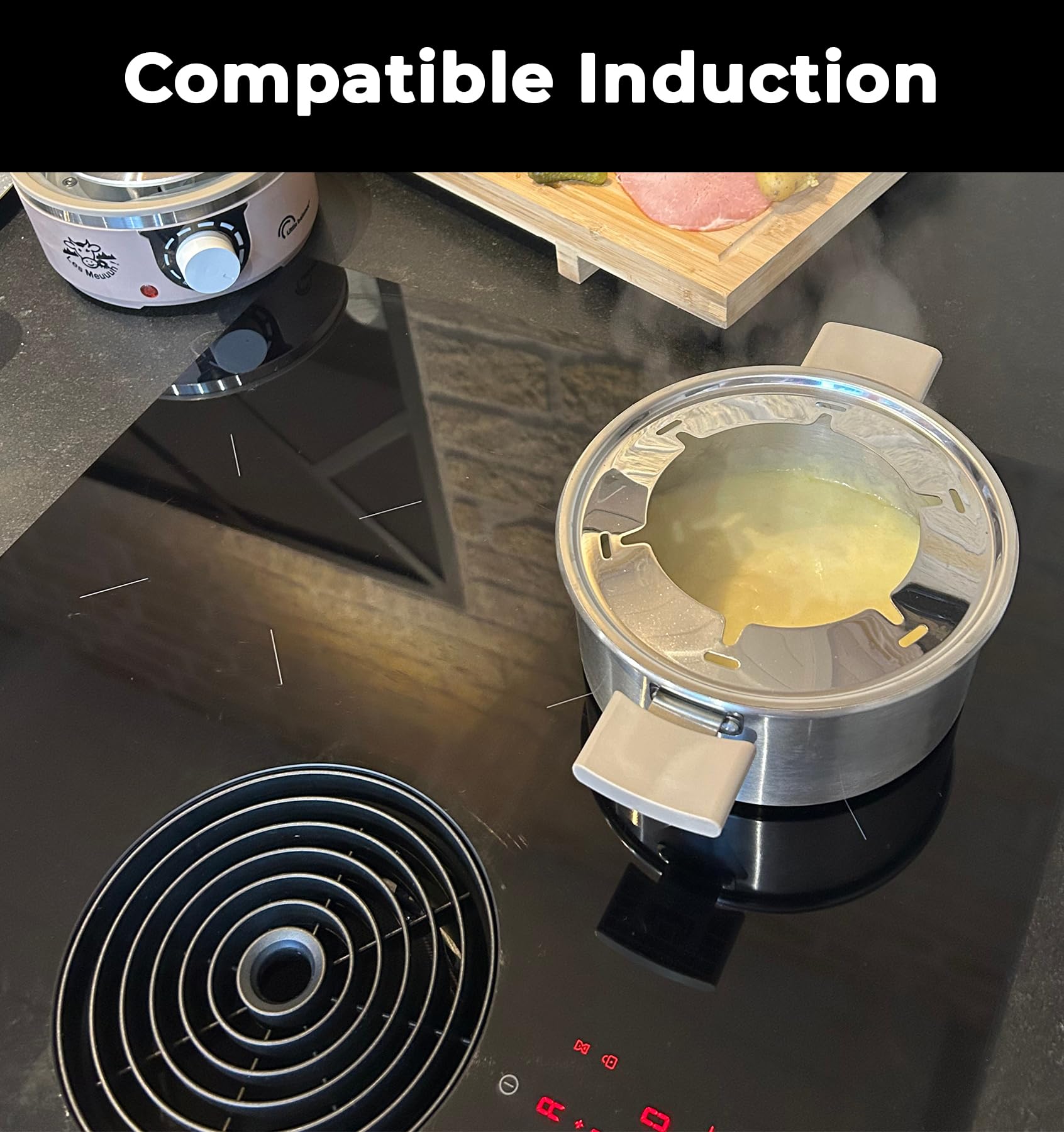 LITTLE BALANCE 8964 Little Fondue Meuuuh...!, Appareil à fondue 6 personnes, Caquelon inox, Compatible induction, 1,8 litres, 650 W, Muscade