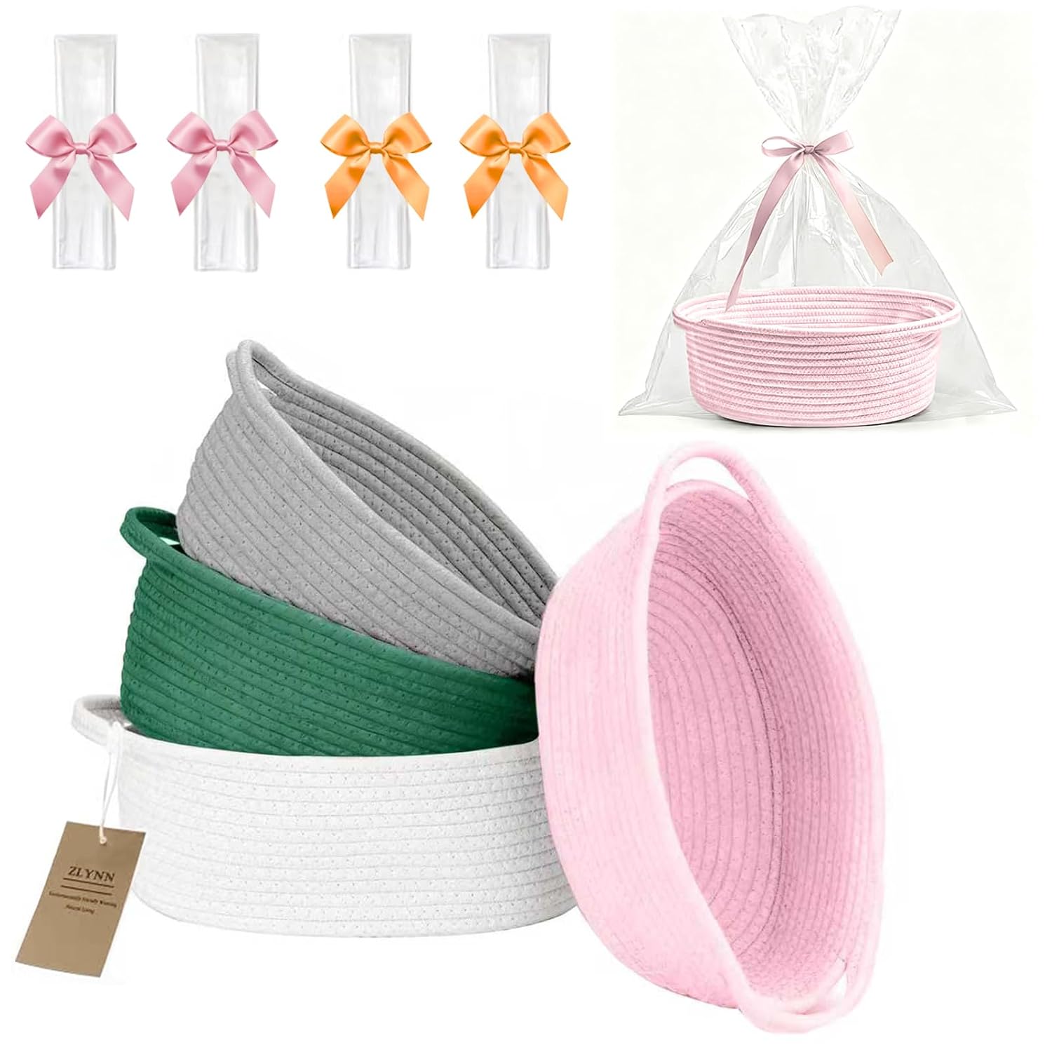 4PCS Woven Baskets Organizing Cotton Rope with Handle Empty Basket with Bags and Ribbon for Baby Birthday Christmas Easter Housewarming Newborns Wedding(12" x 8" x 5")