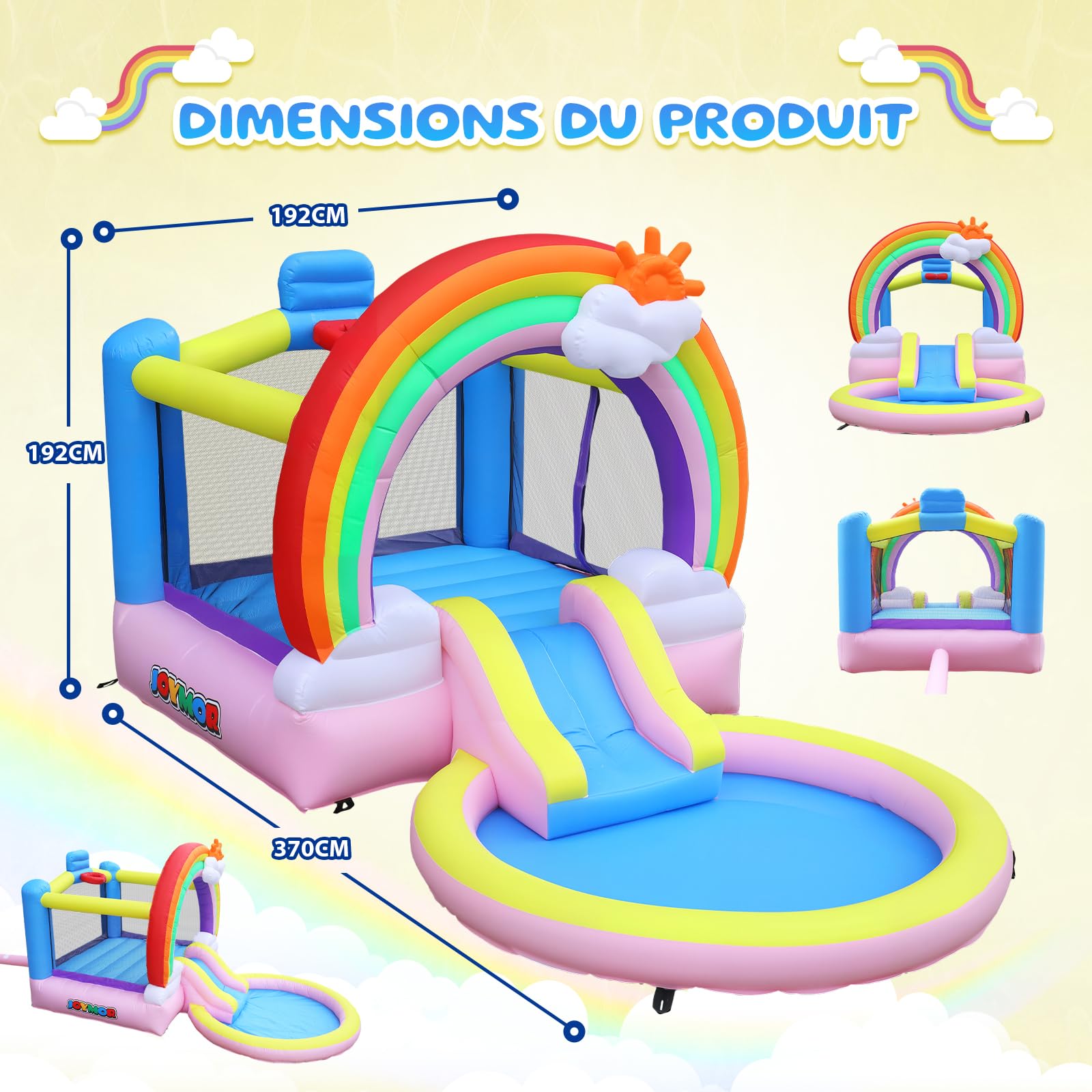 Bonnlo Tobogán Hinchable Infantil con Piscina, 370x192x192 cm, Cama Elástica y Diseño Arcoíris Nubes, Parque Inflable para Jardín Exterior e Inretior, Oxford 420D+840D