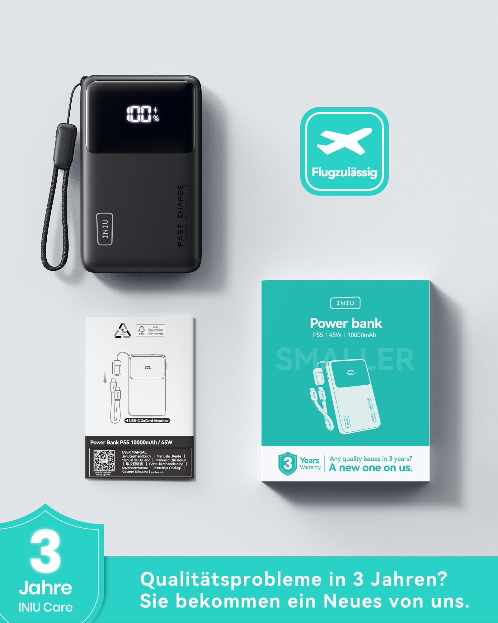 INIU Mini Power Bank, 10000mAh 45W Schnellladefunktion Powerbank mit USB C Kabel, Klein Externe Handyakkus für Reise Gadgets, Flight-Safe Ladegerät für iPhone 17 16 15 Pro Max Samsung S25 S24 etc