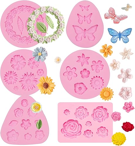 Miniatura 10 de Mini moldes de silicona de arcilla, 6 paquetes de girasoles de mariposa, girasoles, dulces, fondant, molde de azúcar para decoración de jabón,