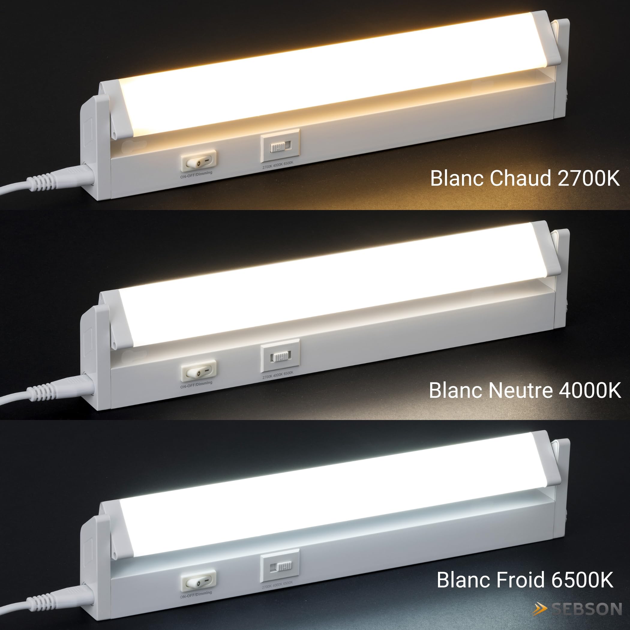 SEBSON Reglette LED sous Meuble Cuisine 110cm Dimmable 3 Couleurs 2700K/4000K/6500K Orientable Interrupteur Prise 230V Barre LED Prolongeable