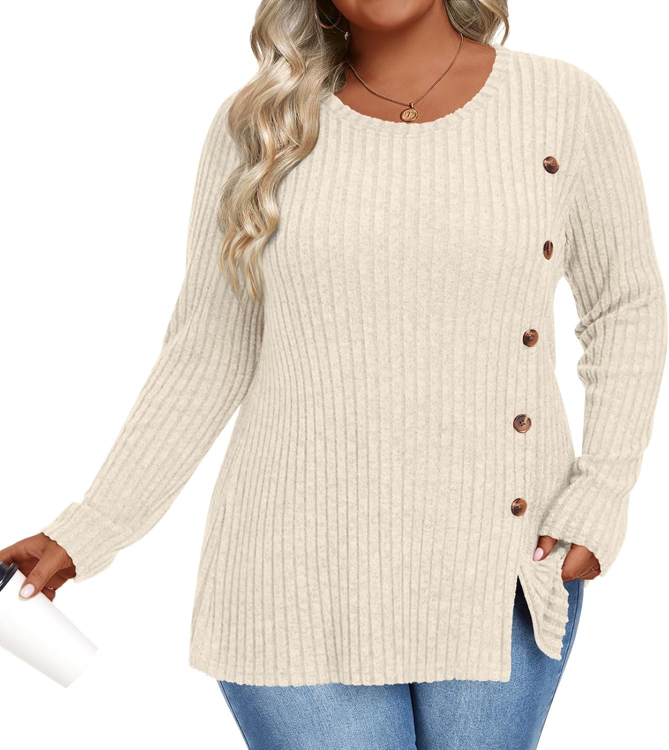 HOTGIFT Womens Plus Size Sweater Tops Long Sleeve Crewneck Casual Tunic Shirts Buttons XL-5XL Blouse Soft Comfy Fashion - Image 2