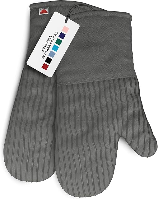 Big Red House Oven Gloves Heat Resistant 480F, Double Sided Non Slip Silicon oven mitts for Kitchen Grilling, Baking, Bbq/Cotton Potholder with Hanging Loop/1 Pair Gray