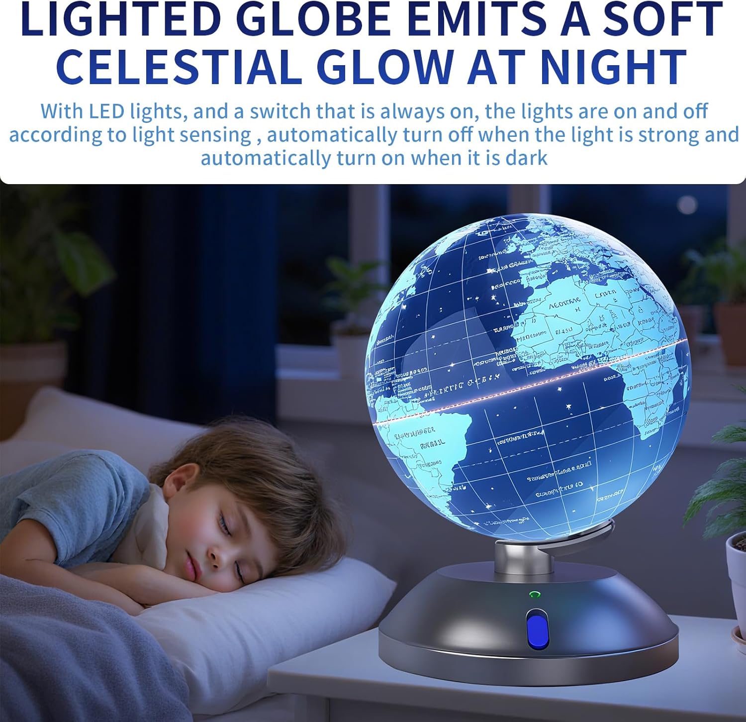 360° rotating globe, independently supported by a beautiful silver plastic base with a switch, 9-inch design, built-in LED night light, color high-definition visual map details, children's geography education, study and office decoration, living room decoration gift (Light Blue)