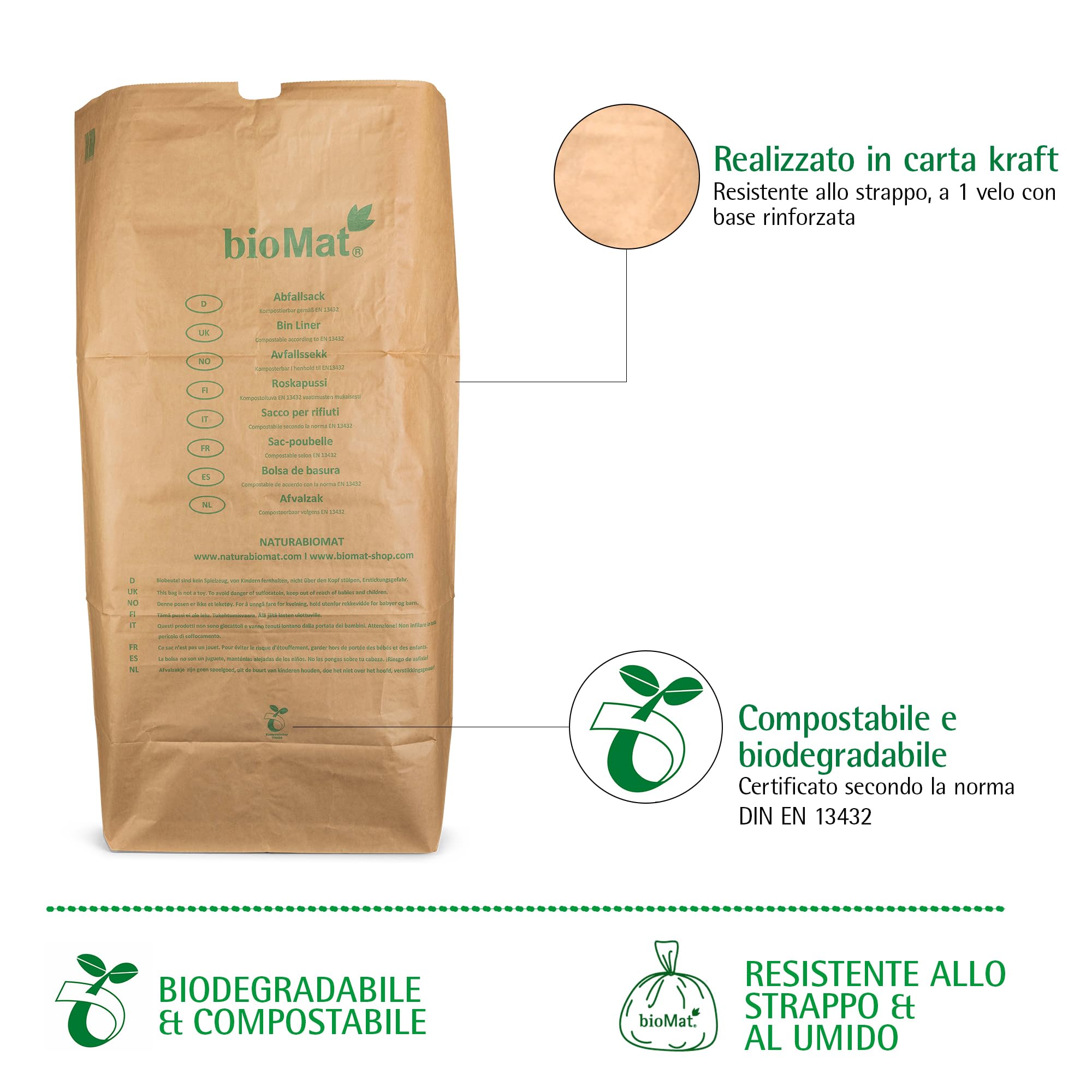 BioMat Sacchetti In Carta Compostabili Da 10l Per Umido, 300 Sacchetti Di Carta