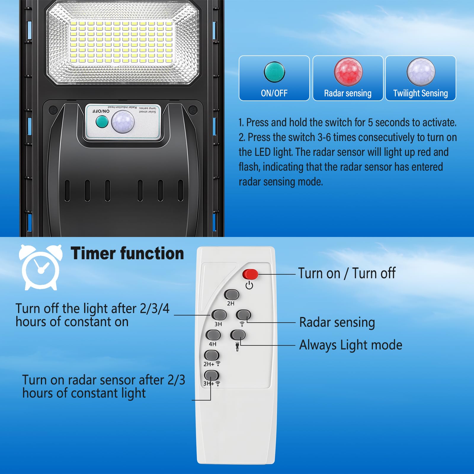 RIGIDON Focos Led Exterior Solares, Farolas Luces, Sensor de Movimiento y Control Remoto, Iluminacion Lampara para Pared Garage Patio Calle Valla, Jardín Terraza, 96 LED 5000mAH, IP66 Impermeable