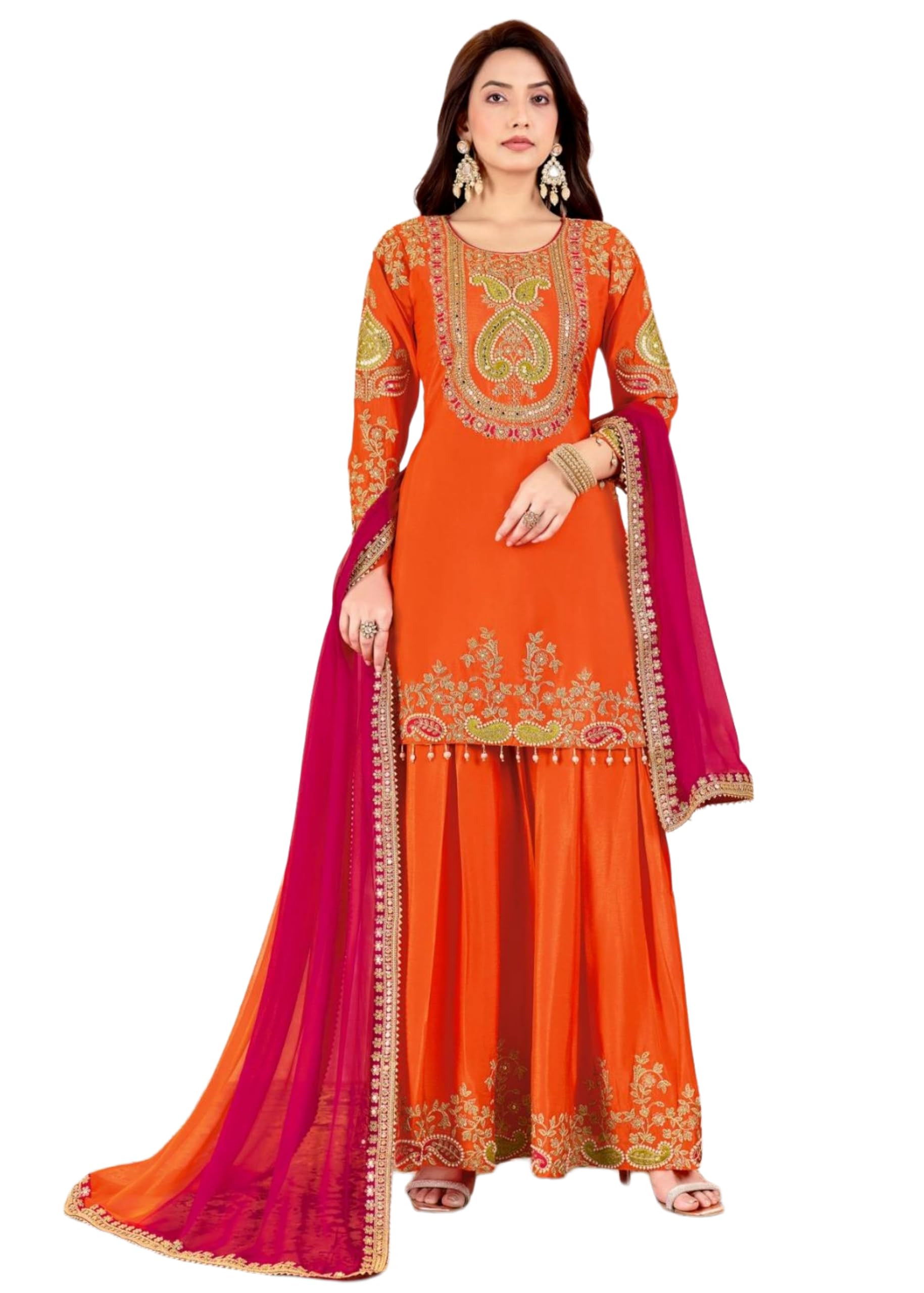 Indian Premium Chinnon Fabric Traditional Embroidered Work Sharara Suit 17239