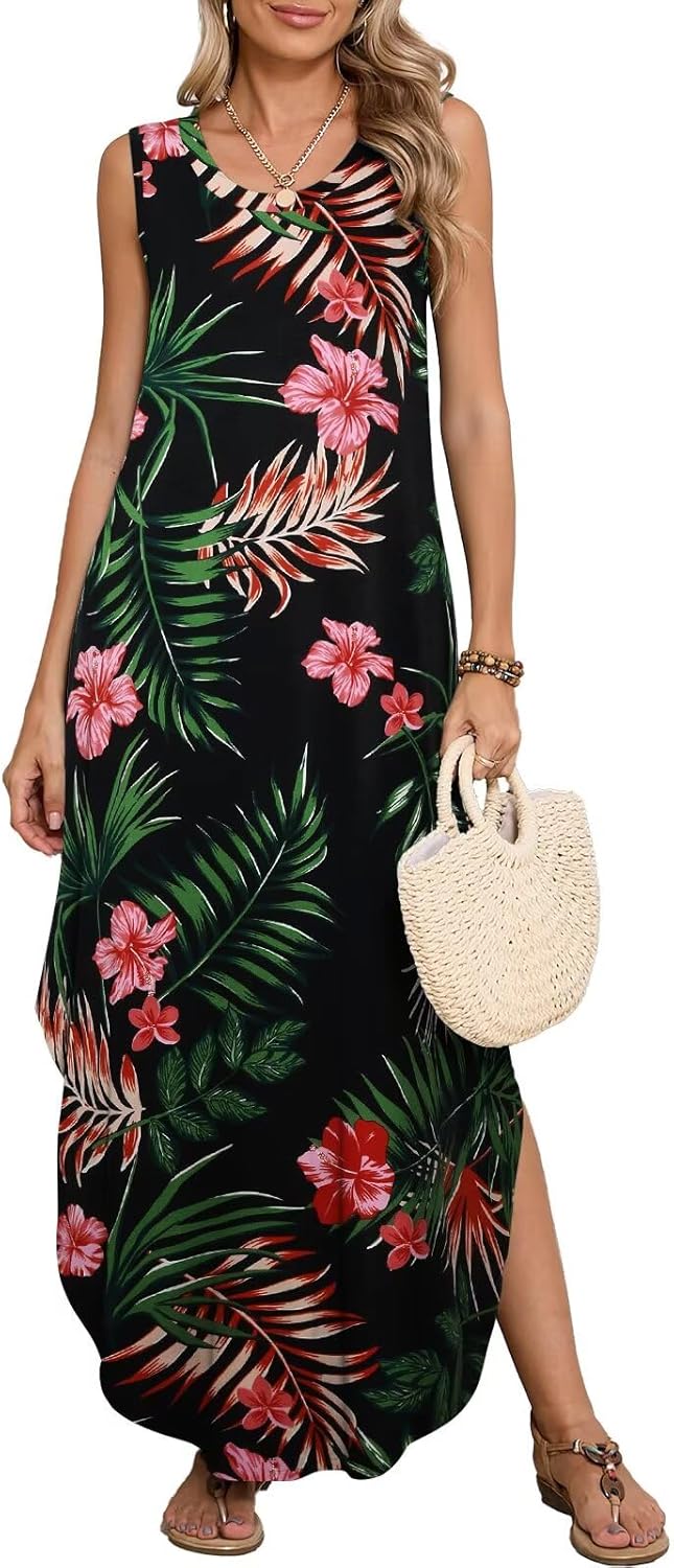 BELAROI Womens Plus Size Maxi Dress Sundress Summer Casual Sleeveless Scoop Neck Pockets Beach Swimsuit Coverup Loose Outfits