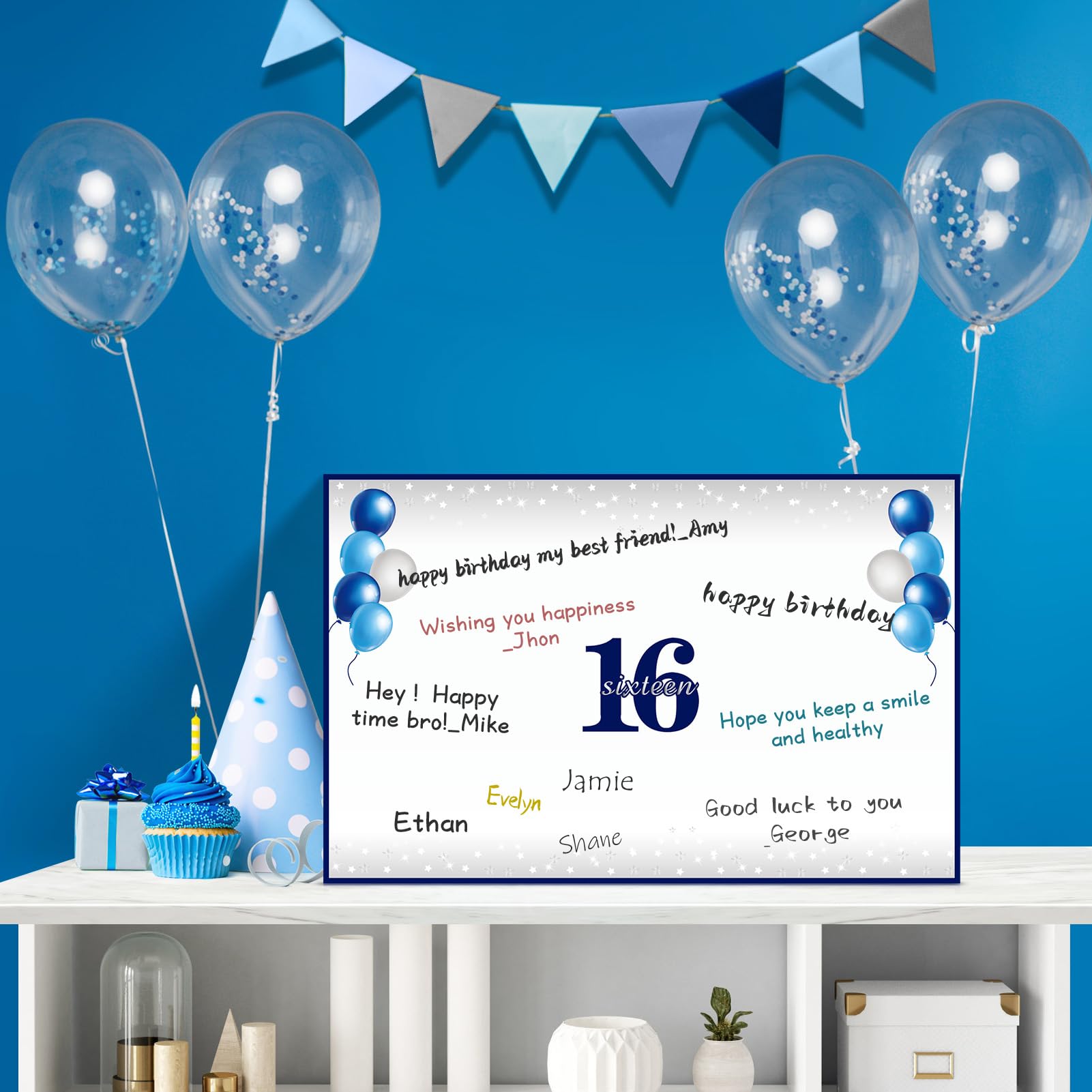 Tarjeta de felicitación de 16 cumpleaños con sobre para niño, tamaño grande, color azul y plateado, suministros para fiesta, libro de invitados de 16 cumpleaños, regalo de la firma Big Back in