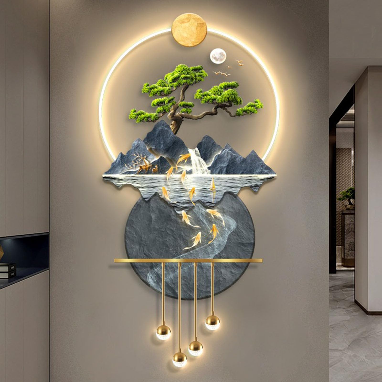 Granestner 3D Art Wall Decor Sculpture, Hanging Painting with Wireless Remote Control, Oriental Feng Shui Home Office Decoration