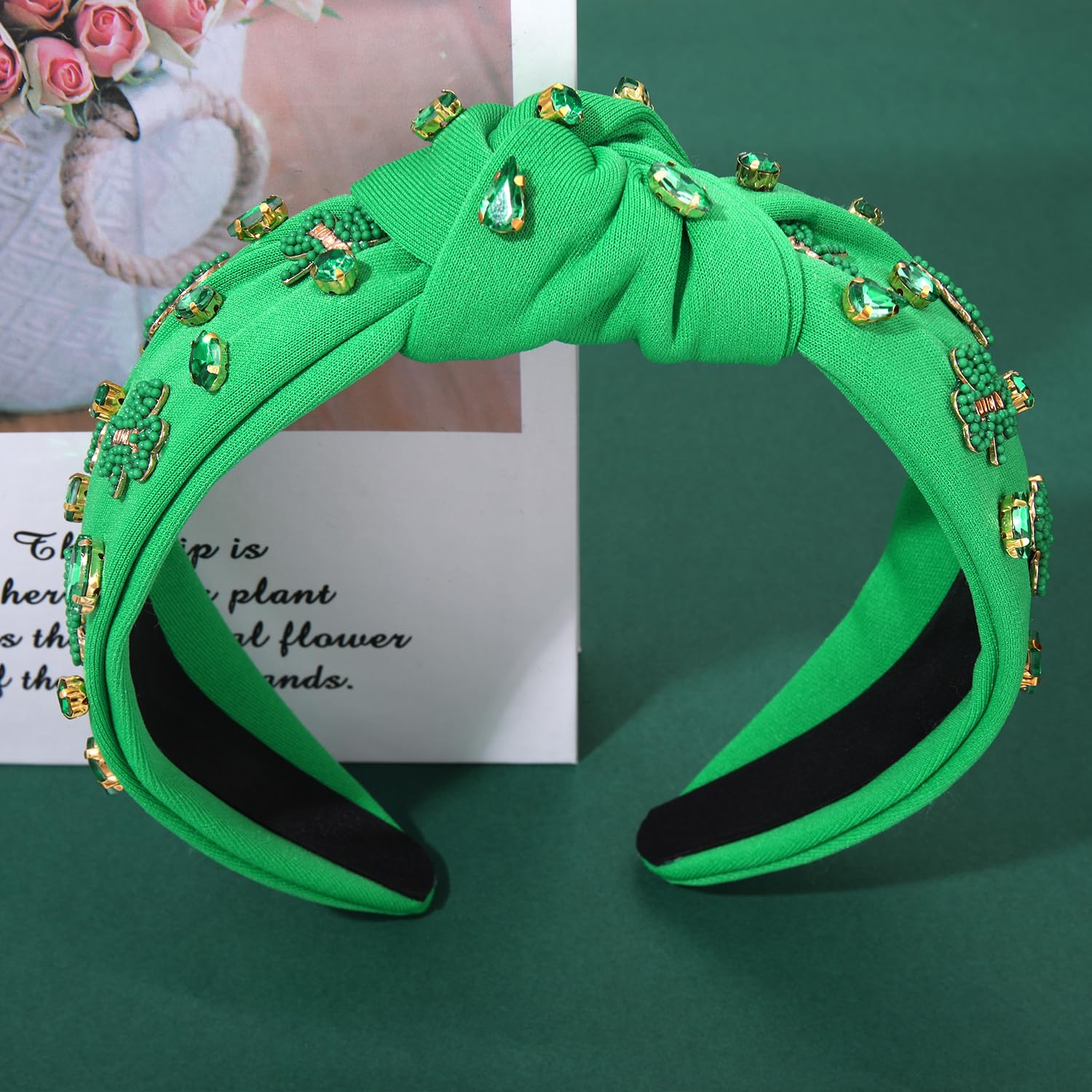 St. Patrick’s Day Headbands for Women Lucky Shamrock Knotted Headband Good Luck Headbands Embellished Rhinestone Wide Top Knot Headband St. Patrick's Day Hair Accessories (Shamrock 3) - Image 3