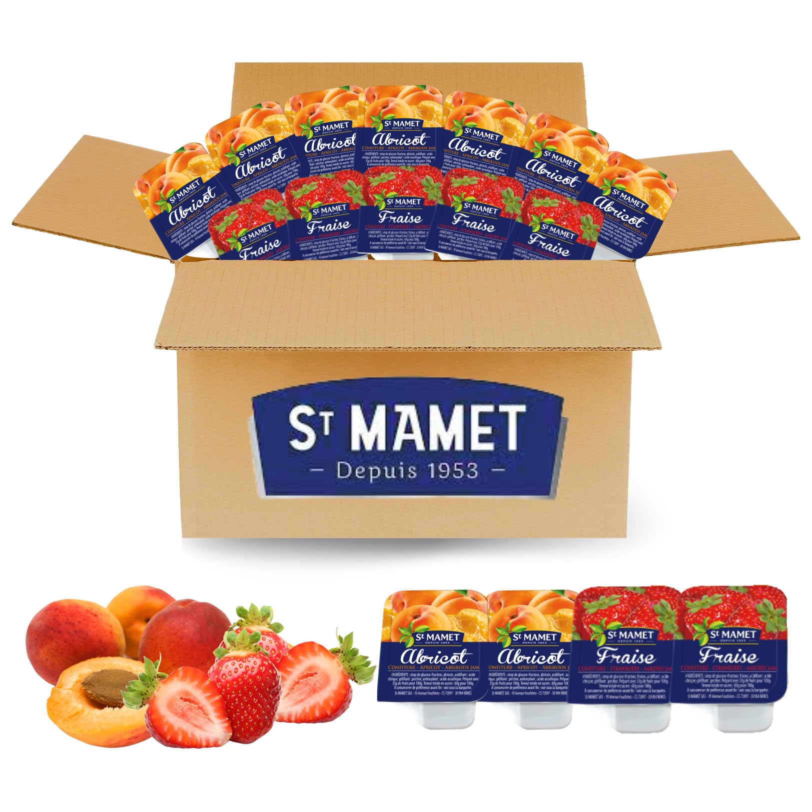ST MAMET/NUT - 120 Barquettes de Préparation de Fruits et Pâte à tartiner | Portions individuelles de pâte à tartiner noisette 15g et confitures fraise abricot 25g - Petit déjeuner, Hôtel, Airbnb