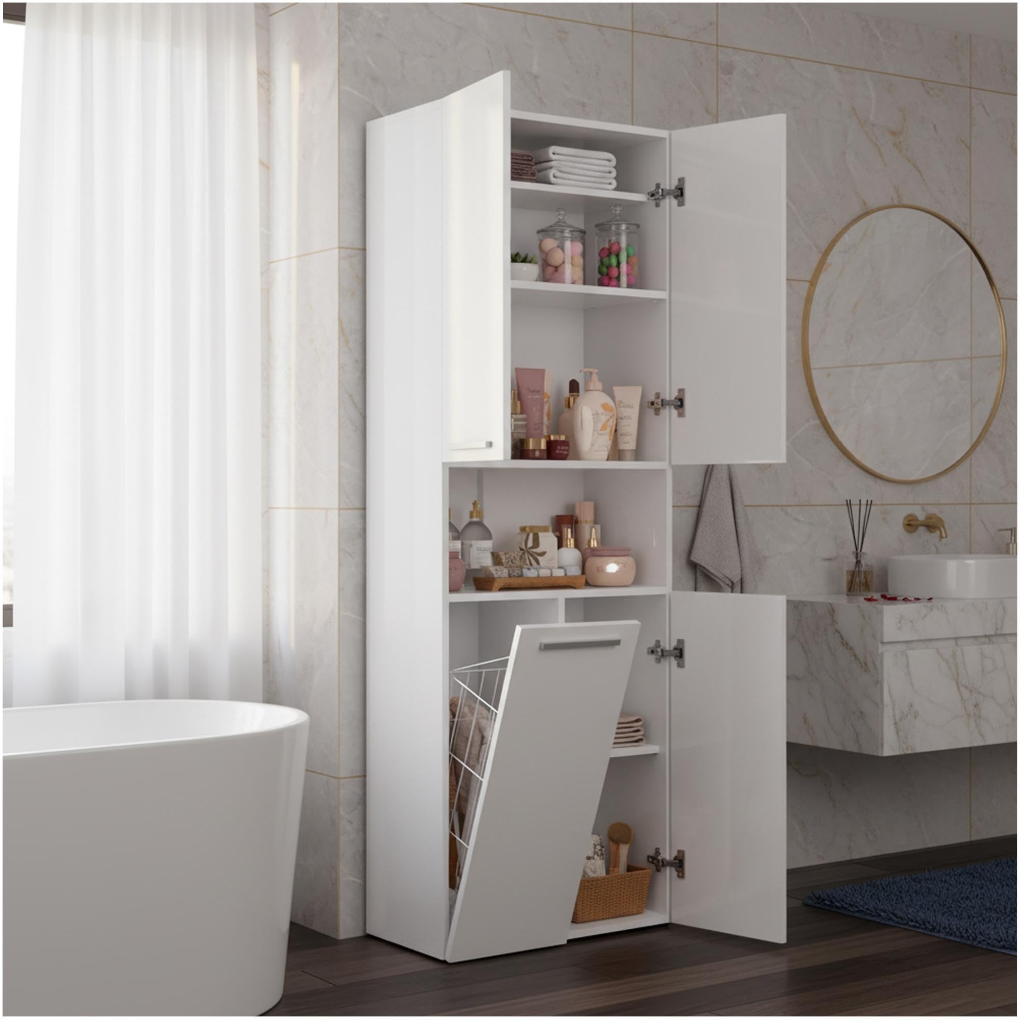 CDF Armario de Baño con 1 Cesto Ropa Sucia, Armario Alto, Bolsa de Ropa Extraíble con Asas Compartimento con Puerta 30 x 60 x 174 cm Bianco Brillo Montaje Sencillo