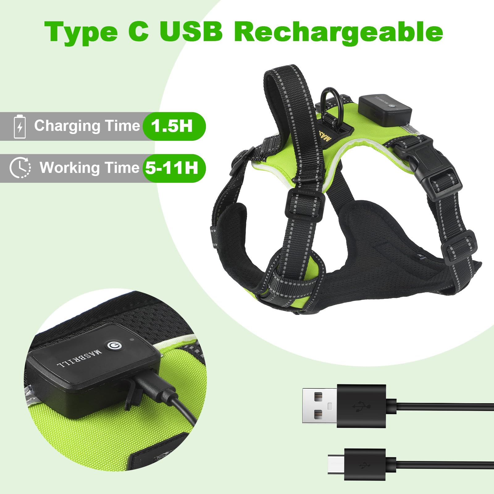 MASBRILL Harnais Lumineux Rechargeable USB‑C avec Bandes Réfléchissantes, 3 Modes d'Éclairage, Réglable, Maille Respirante et Rembourrage, IPX6, pour Chien Moyen 14‑25 kg Vert + Vert M