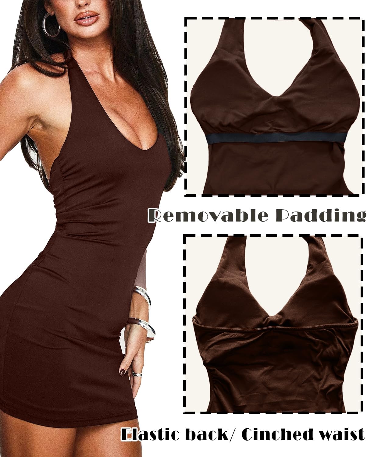 Bodycon Halter Mini Dresses for Women Removable Padded Going Out Club Backless V Neck Summer Cocktail Party Outfit - Image 3