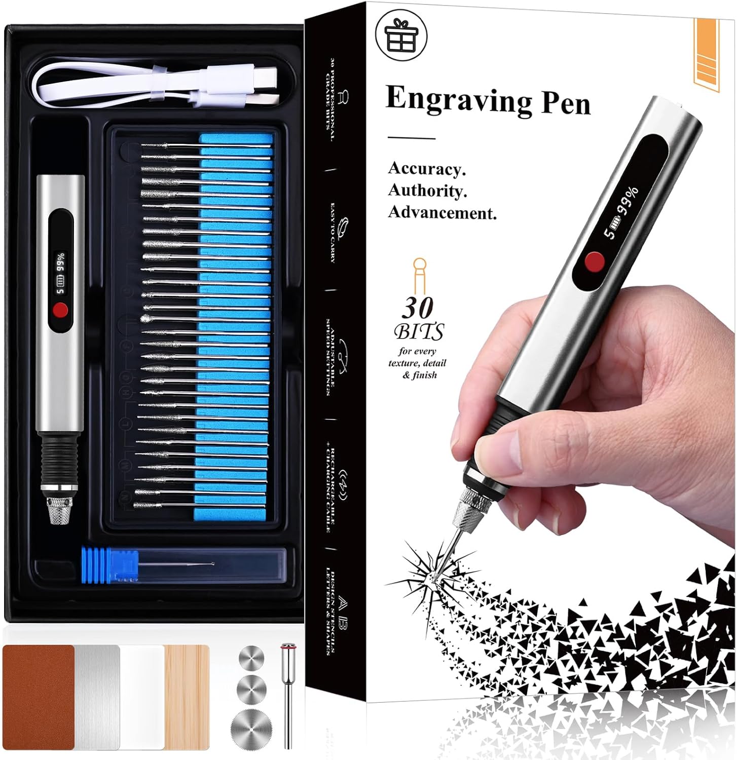 Updated Engraving Pen Ultimate Cordless Portable Tool for Artists & DIYers - Engrave 60+ Surfaces - Beginner Friendly - Rechargeable - Free 30 Bits & Mastery Guide (Gray)