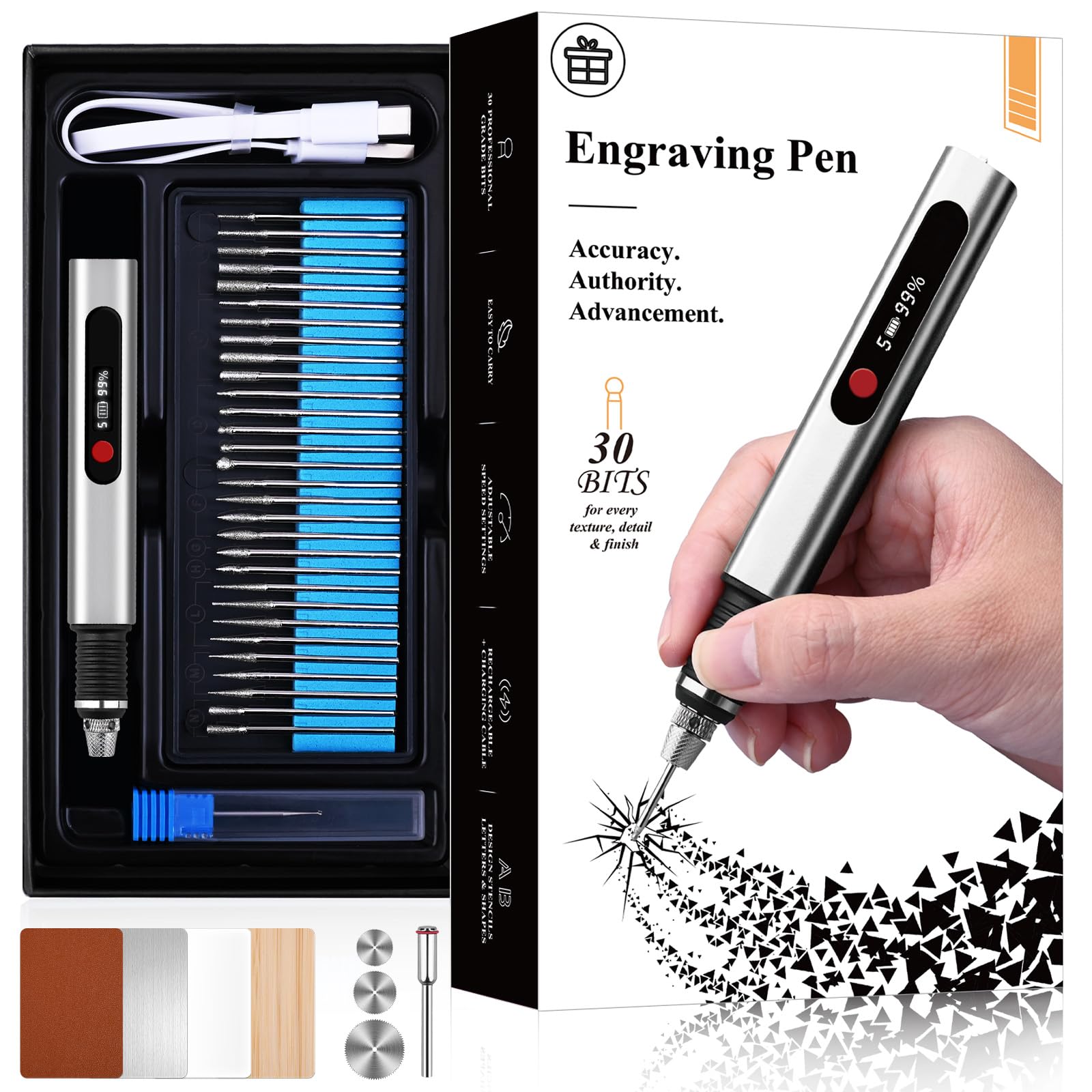 Stylo de gravure sans fil pour métal, bois, verre, plastique, outil de gravure 44 kits, 5 vitesses jusqu'à 30 000 tr/min, 500 mAh rechargeable par USB, kit de graveur rechargeable par USB, cadeaux