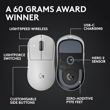 Logitech G PRO X SUPERLIGHT 2 - mouse gaming wireless | Mouse Pro-Grade 60 g, 5 pulsanti, sensore 44.000 DPI, aggiornamento 8 kHz, ricarica USB-C, per PC/Mac - Bianco