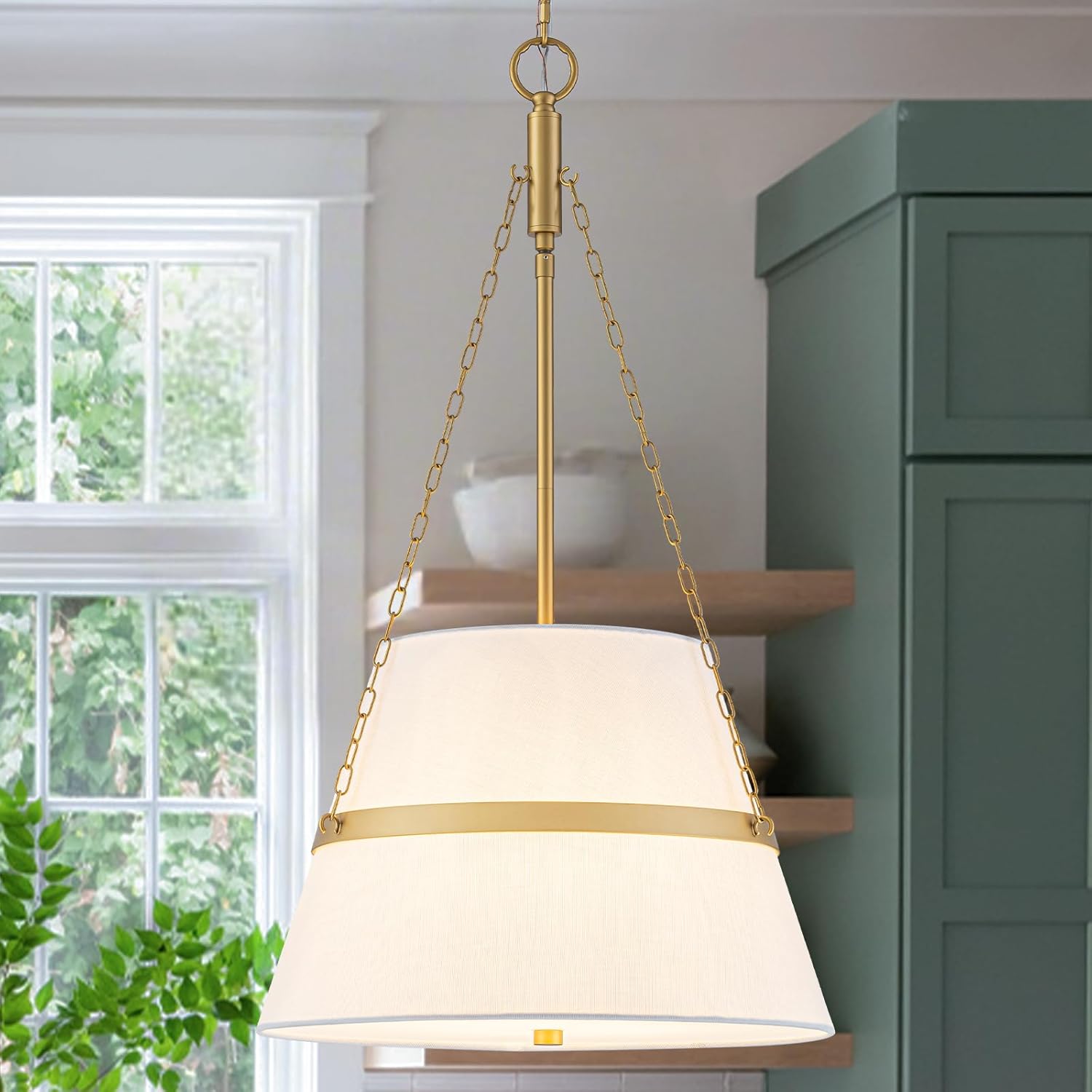 Modern Drum Chandeliers for Dining Room Gold and White Linen Pendant Light 15.35" 4-Light Kitchen Chandelier over Table Adjustable Ceiling Hanging Light for Island Foyer Entryway Bedroom Living Room